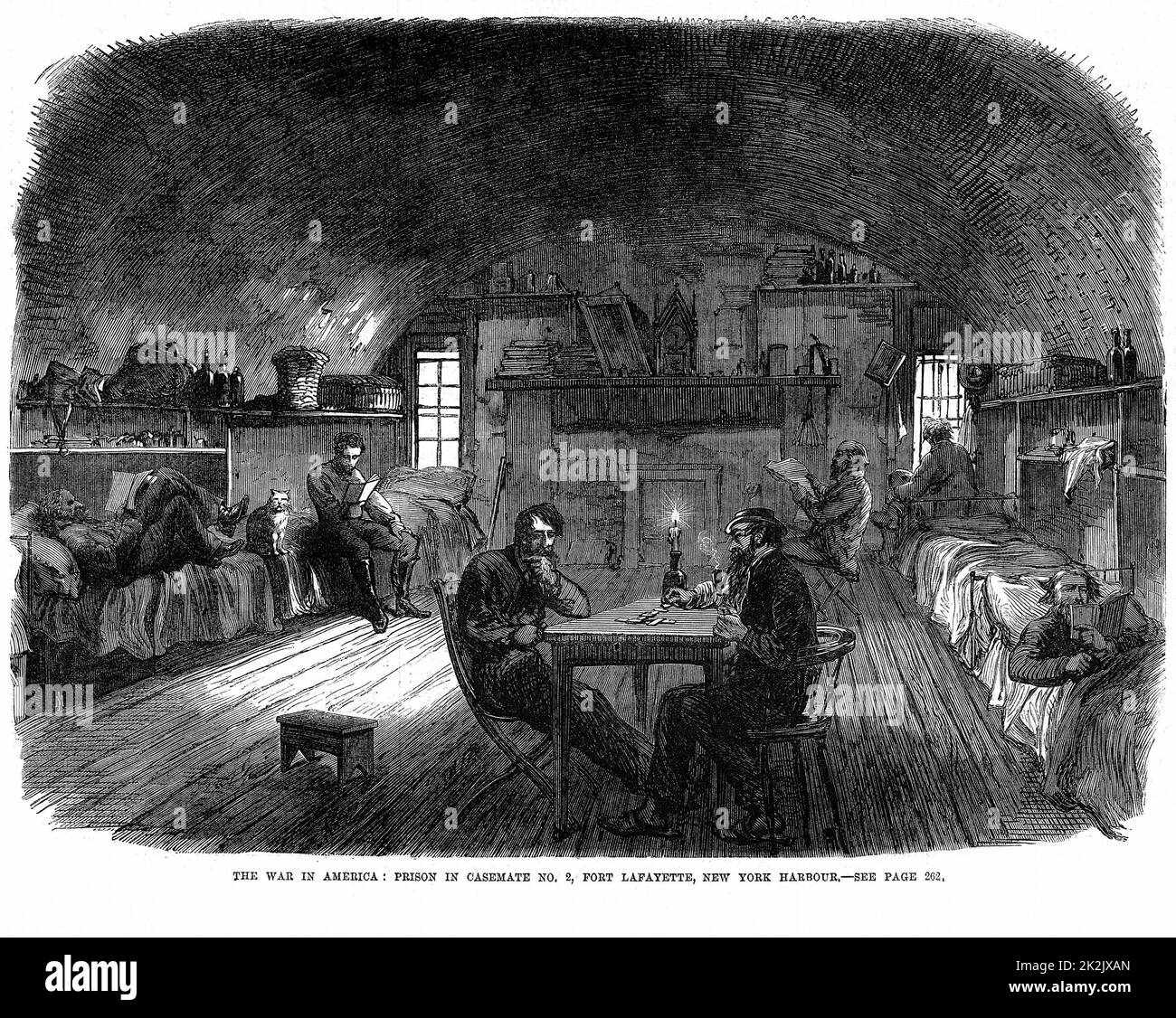 Guerre de Sécession 1861-65: Prison fédérale (nord) à fort Lafayette, dans le port de New York, utilisée pour détenir des prisonniers confédérés (sud) depuis le début de la guerre. Vue dans l'un des cas. De 'The Illustrated London News', mars 1865. Gravure en bois Banque D'Images