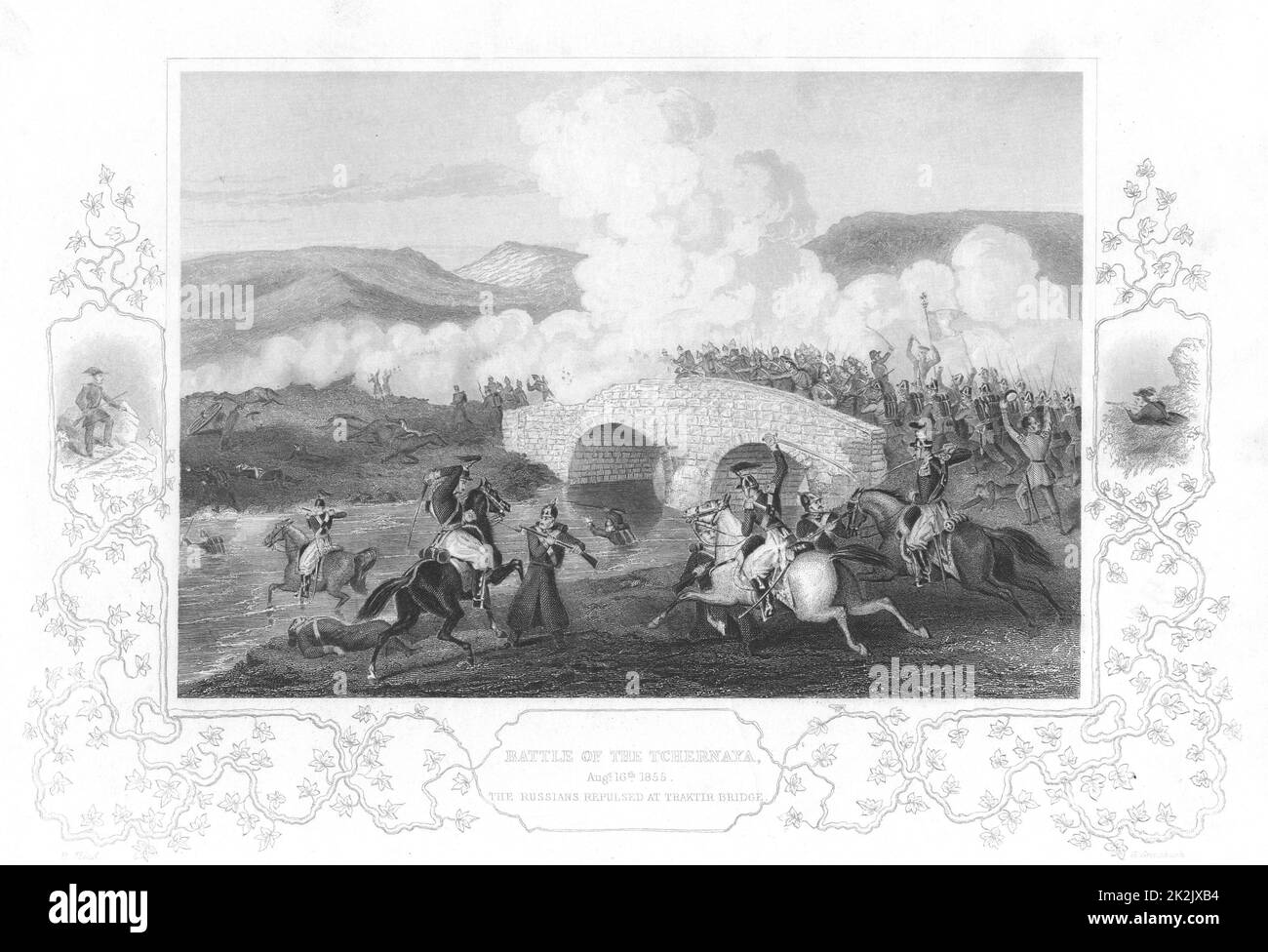 Crimée guerre russo-turque (1853-1856). Le combat de l'Tchernaya, 16 août 1855. Les russes ont repoussé au pont Traktir. Gravure c1856 Banque D'Images