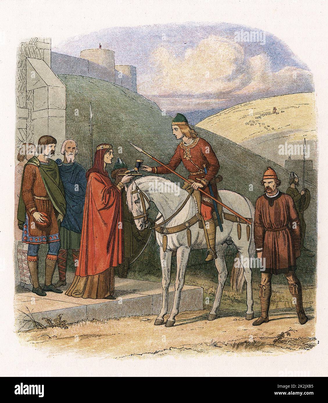 Edward (Eadward) le Martyr (963?-978) roi anglais de 975, à Corfe, offrait une boisson empoisonnée par sa belle-mère Aelfthryth. Anglo-saxon. Gravure en bois imprimée par couleur c1860 Banque D'Images