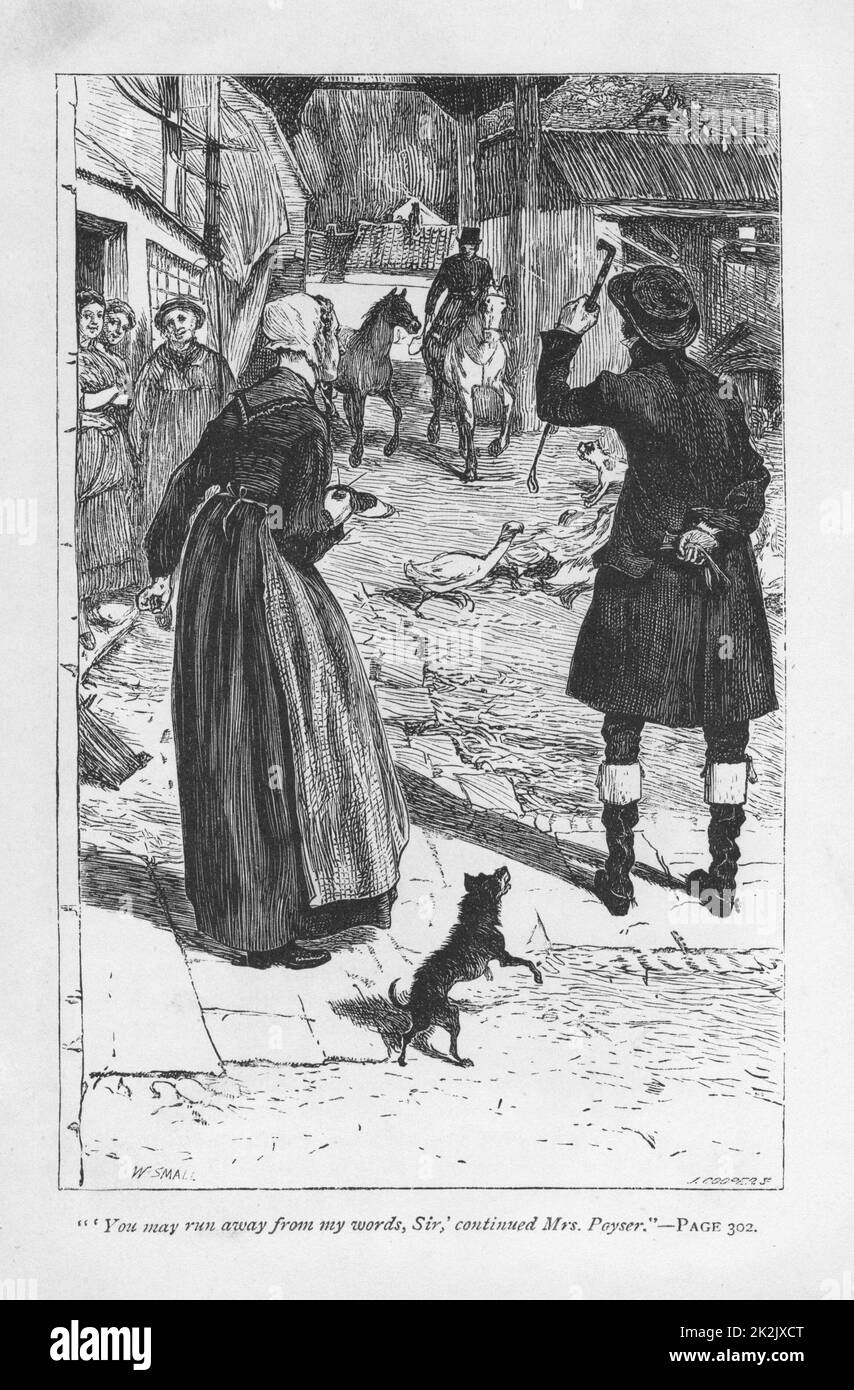 Mme Poyser, épouse de l'oncle fermier de Hetty Sorrel, Martin Poyser, avec Squire Donnithorne, dont le fils Arthur a séduit Hetty. Mme Poyser est probablement le personnage de bande dessinée le plus réussi de George Eliot. 'Adam Bede' de George Eliot, première publication en 1859. Illustration de William Small (1843-1929) d'une édition publiée vers 1885 Banque D'Images