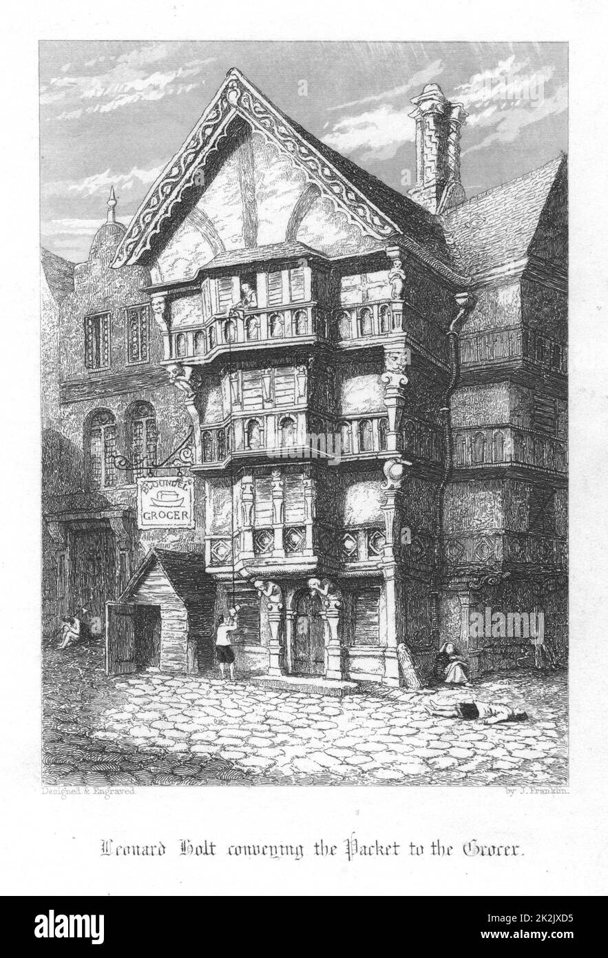 Leonard Holt attachant un paquet de lettres au fond d'une corde pour que le épicier Bloundel puisse les tirer dans sa maison qu'il a fermée pour sauver sa famille de la peste de Londres (1665). Illustration de John Franklin (fl.1800-61) pour William Harrison Ainsworth 'Old Saint Paul's', Londres 1855 (première publication en 1841). Gravure Banque D'Images