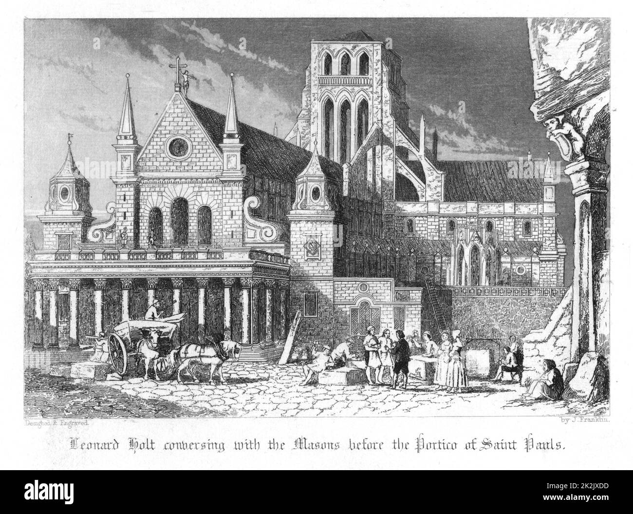 Leonard Holt parlant aux maçons à l'extérieur du portique Inigo Jones du Vieux Saint-Paul. Illustration de John Franklin (fl.1800-61) pour William Harrison Ainsworth 'Old Saint Paul's', Londres 1855 (première publication en 1841). Gravure Banque D'Images