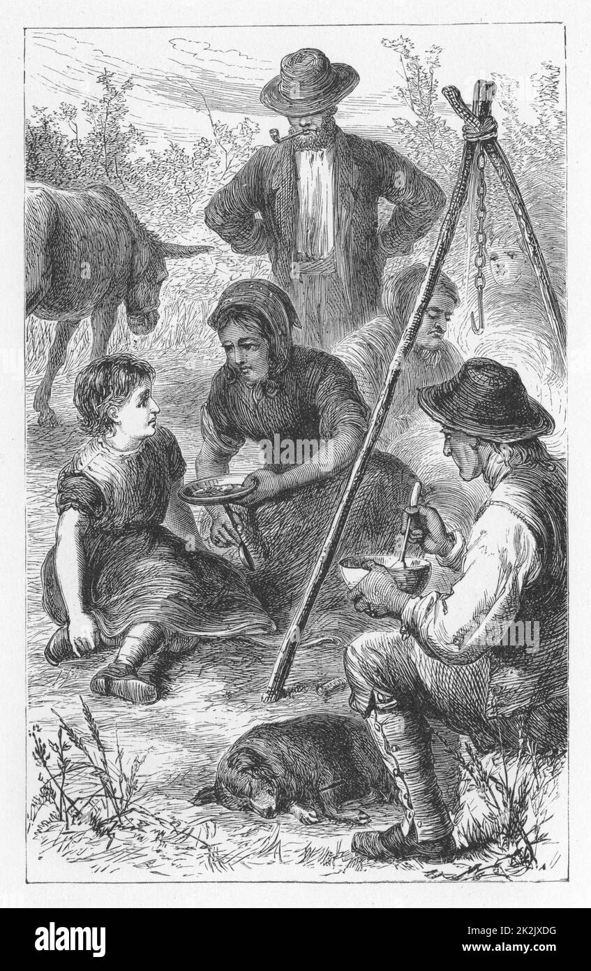 Maggie Tulliver, après avoir coupé ses cheveux et s'être enraillée de la maison, se fait offrir une part du ragoût des gitans. Illustration de Walter James Allen (actif 1859-1891) pour une édition non datée du 19th siècle de 'The Mill on the Floss'by George Eliot, initialement publiée en 1860. Banque D'Images