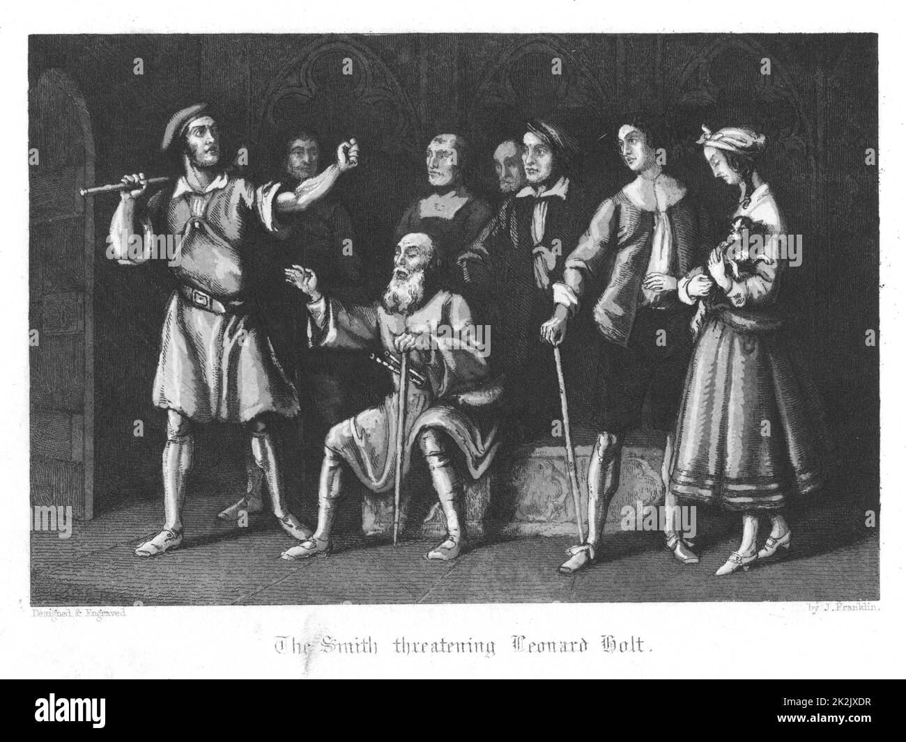 Le smith menaçant Leonard Holt parce qu'il n'obéira pas aux instructions du maire du Seigneur que tous les chiens doivent être tués pour empêcher la propagation de la peste, et protège Bell le chien de Mike Macascree le joueur aveugle. La peste de Londres (1665). Illustration de John Franklin (fl.1800-61) pour William Harrison Ainsworth 'Old Saint Paul's', Londres 1855 (première publication en 1841). Gravure Banque D'Images