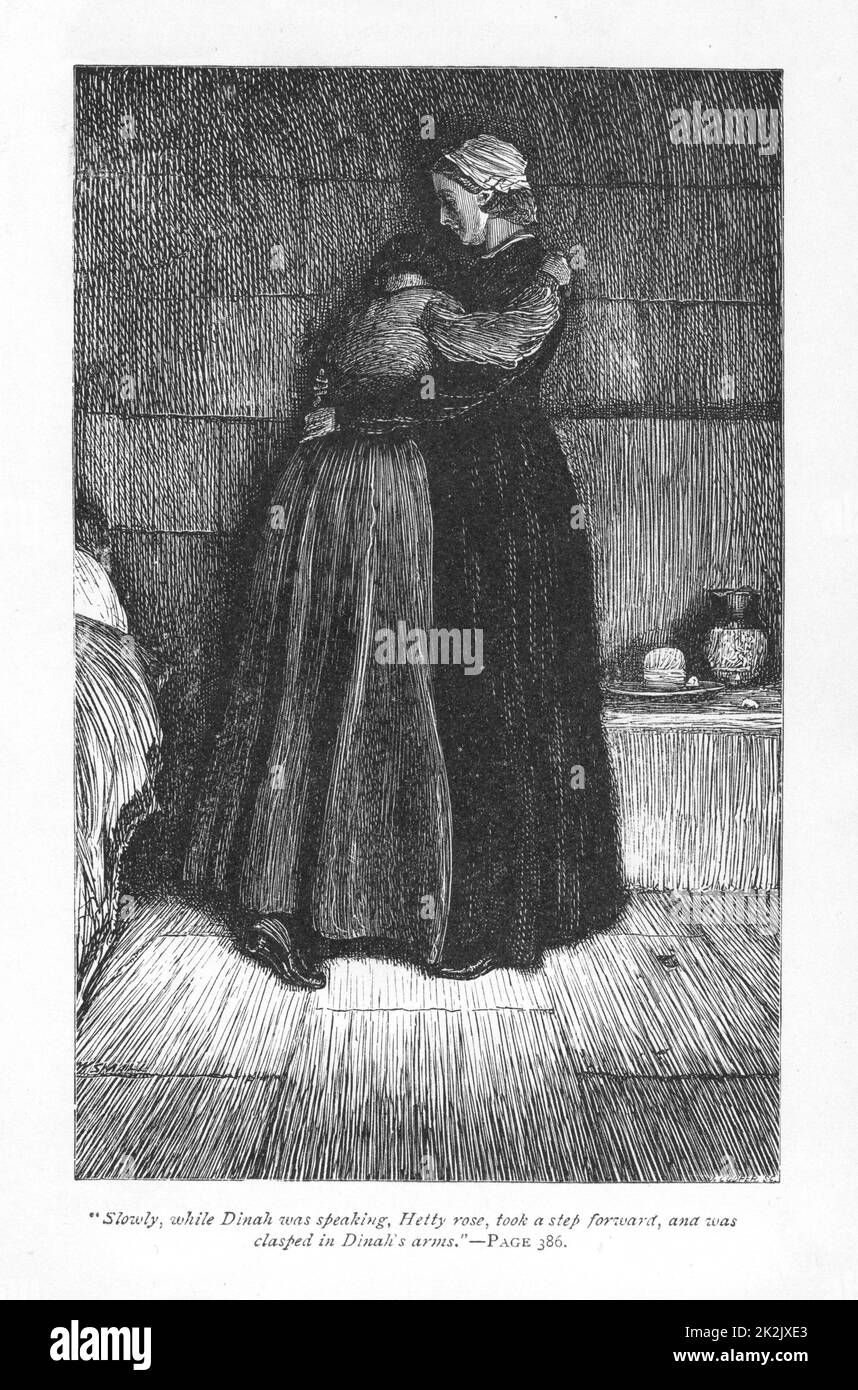 Hetty Sorrel, condamné à mort pour infanticide, réconforté en prison par son cousin méthodiste prédicateur, Dinah Morris. La peine de Hetty est commuée en transport par l'intervention de son séducteur Arthur Donnithorne. 'Adam Bede' de George Eliot, première publication en 1859. Illustration de William Small (1843-1929) d'une édition publiée vers 1885 Banque D'Images