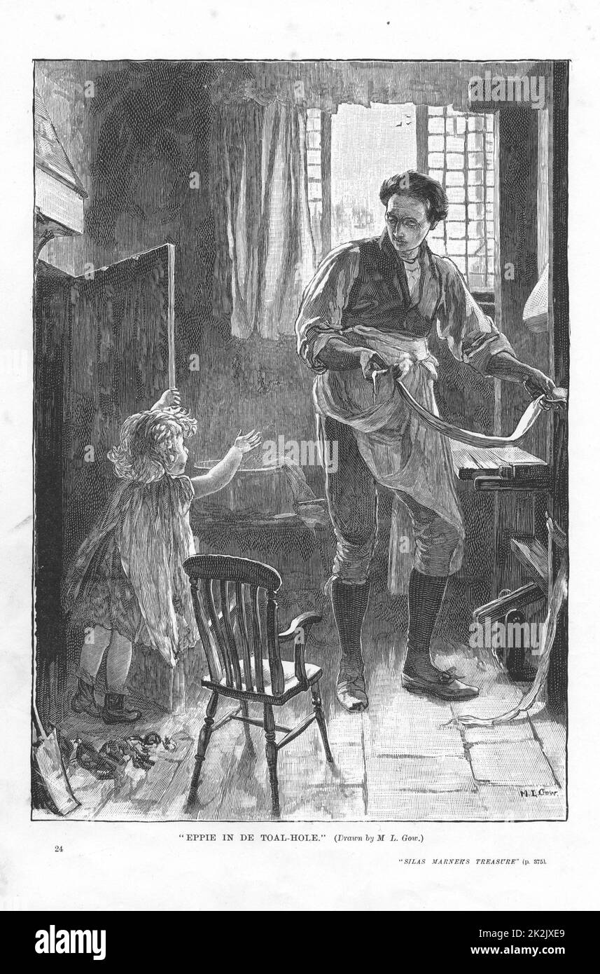 « slas Marner » George Eliot, 1861. Silas Marner a vaincu dans sa tentative de discipline Eppie (3 ans) en la fermant dans le trou de charbon. Après cet épisode, elle est élevé sans punition. Illustration de Mary L Gow (1851-1929) publiée en 1882. Banque D'Images