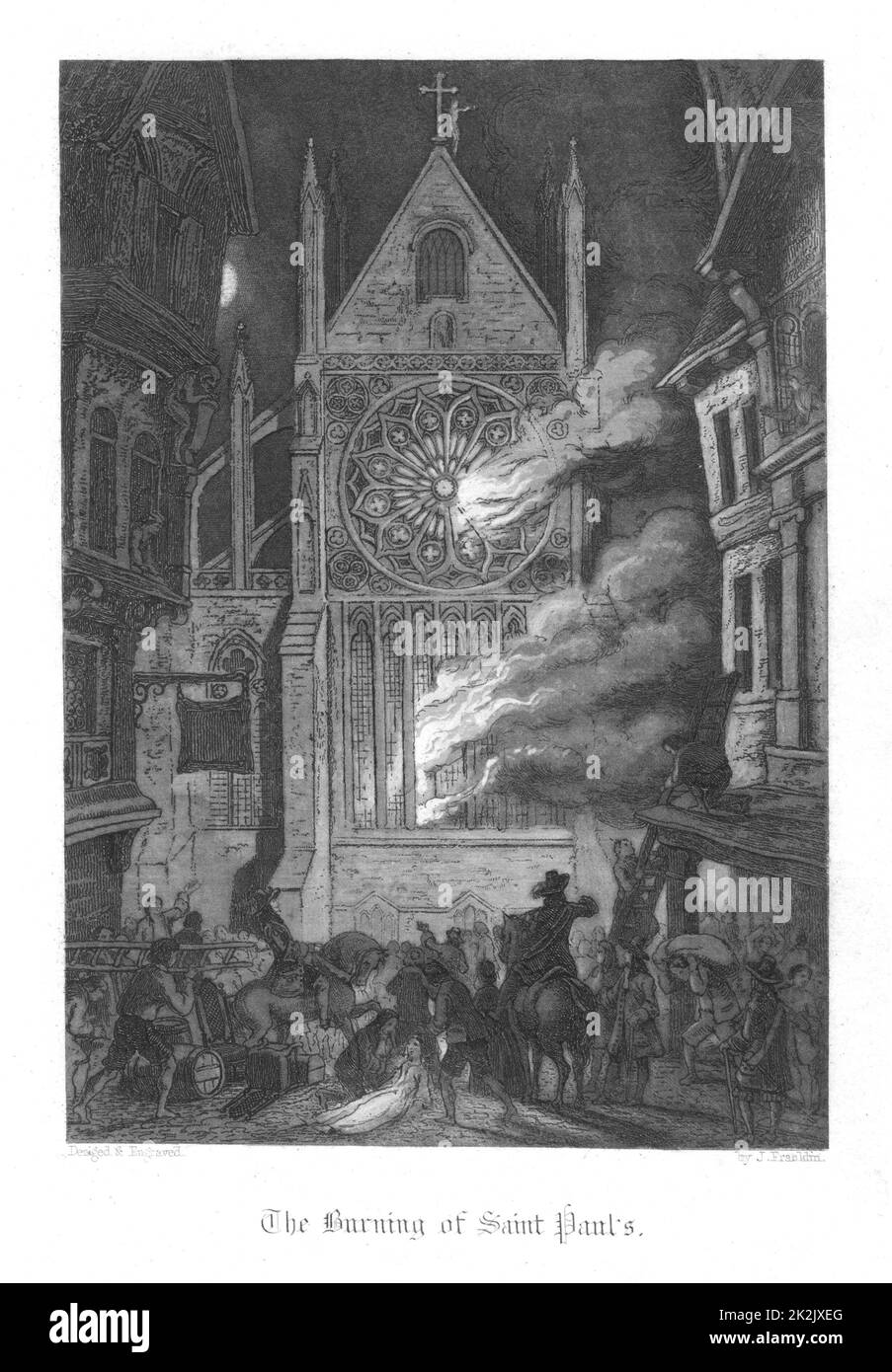 Incendie du vieux Saint Paul pendant le feu de Londres (1666). Illustration de John Franklin (fl.1800-61) pour William Harrison Ainsworth 'Old Saint Paul's', Londres 1855 (première publication en 1841). Gravure Banque D'Images