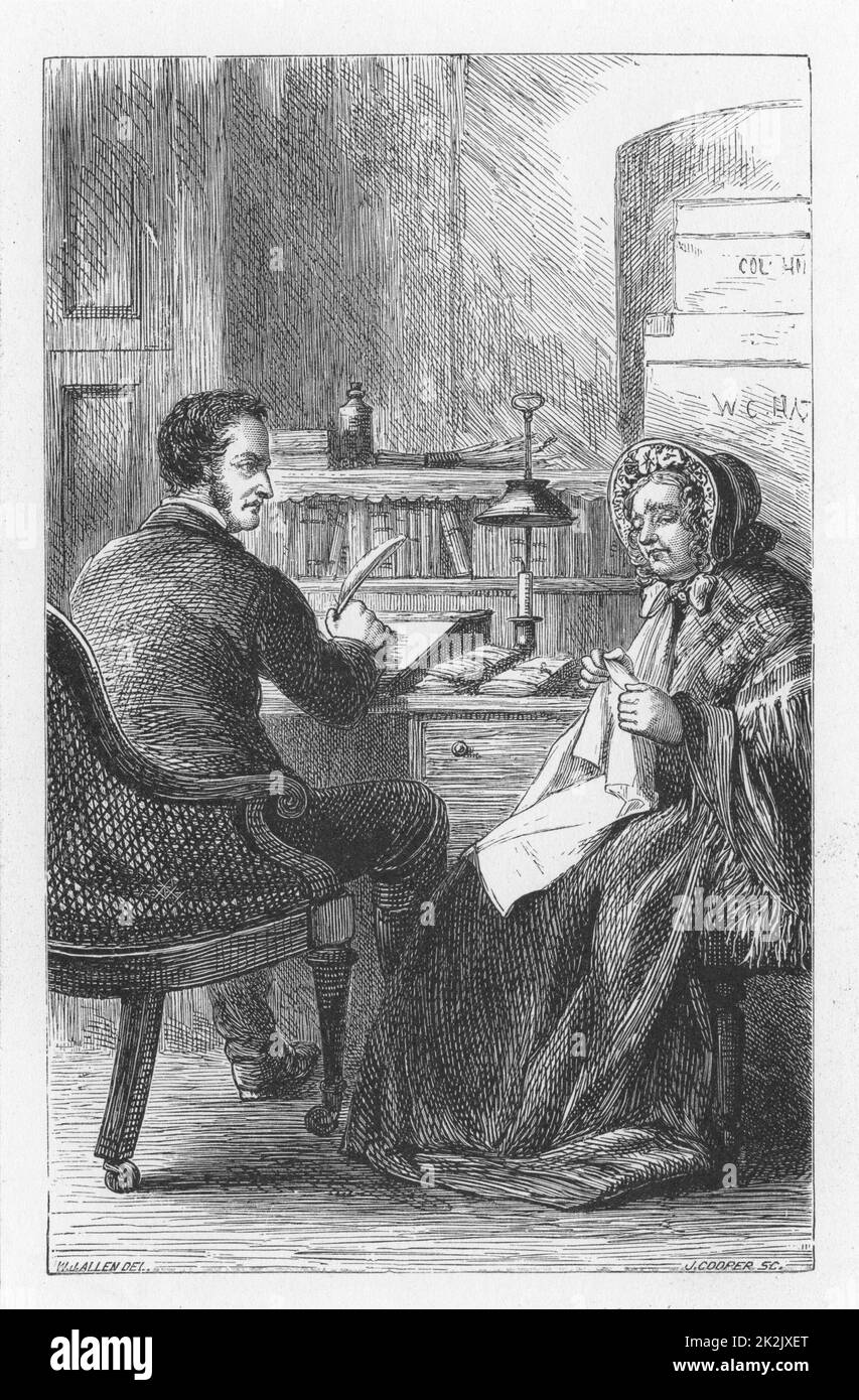 Mme Tulliver, avocate invitée, a waken pour lui demander de ne pas soumissionner pour Dorlcote Mill lors de la prochaine vente aux enchères. Illustration de Walter James Allen (actif 1859-1891) pour une édition non datée du 19th siècle de 'The Mill on the Floss' par George Eliot, publiée à l'origine en 1860. Banque D'Images