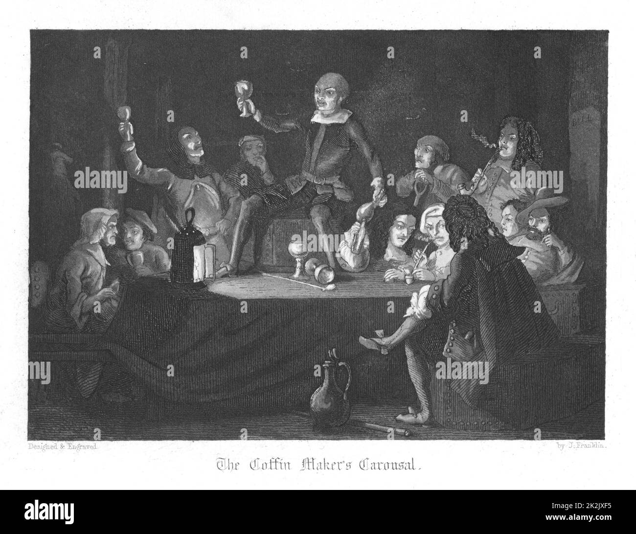 Le carrousel de la cafetière. Chowles le cercueil est sur la table au centre, et Judith Malmayns l'infirmière de la peste tréfieuse est assise sur la gauche. Illustration de John Franklin (fl.1800-61) pour William Harrison Ainsworth 'Old Saint Paul's', Londres 1855 (première publication en 1841). Gravure Banque D'Images