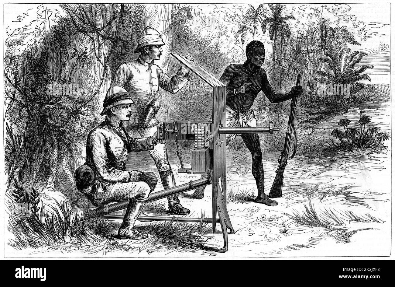 Henry Morton Stanley (1841-1904) explorateur américain né en gallois avec une mitrailleuse Gatling lors de son expédition de 1887 pour soulager Emin Pasha. De The Illustrated London News, 5 février 1887. Gravure. Banque D'Images