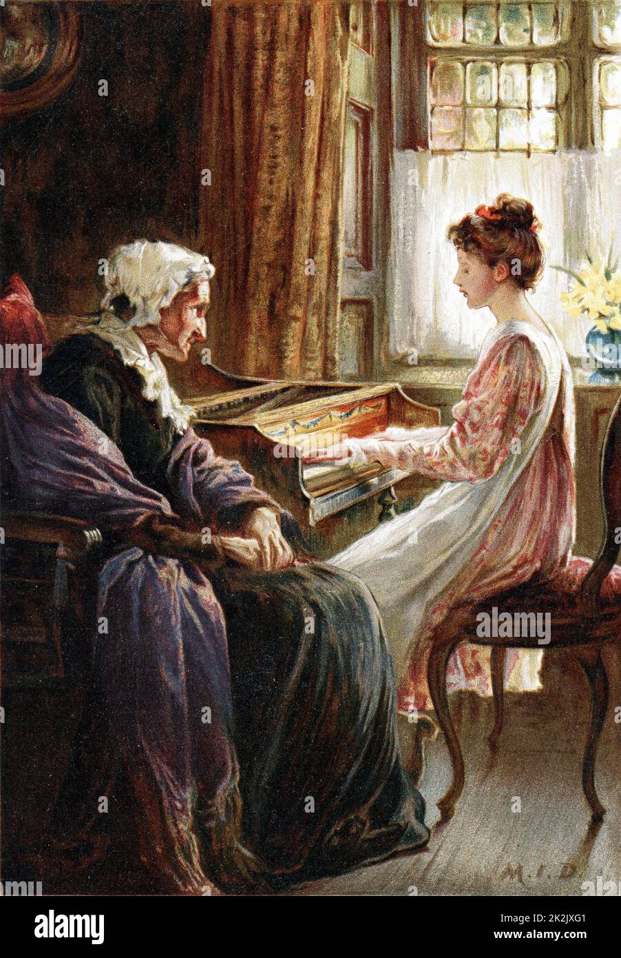 Leur hymne du soir. Chromolithographe d'après la peinture de l'artiste anglaise Margaret Isabel Dicksee (1858-1903) publié en 1892. Jeune fille joue de la musique de clavier (clavecin?) à sa grand-mère âgée. Couleur Banque D'Images