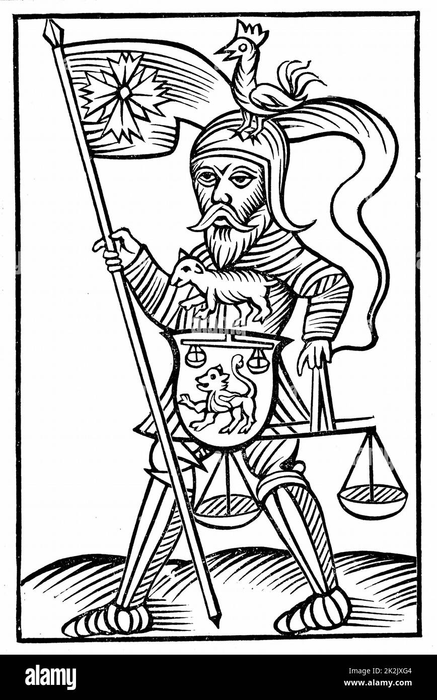 Le dieu Saxon Hermensul (Irminsul) en armure et en balance, président de la justice exécutive, de Herman Stangefol 'Annales Circuli Westphalie', 1656. Coupe de bois Banque D'Images