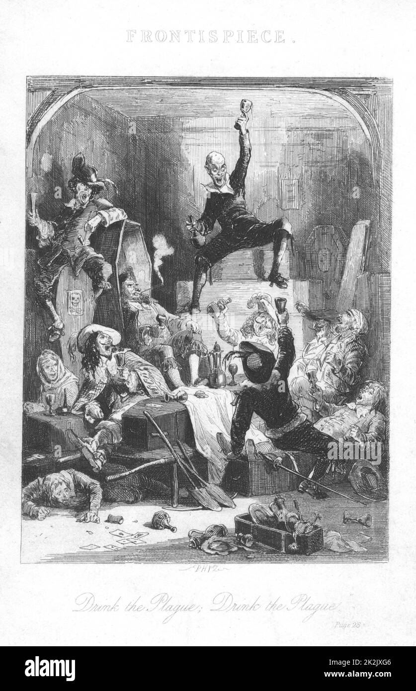 Chanson de la peste: Chowles le cercueil, top centre, buvant un toast à une longue vie pour la peste pour qu'il devienne riche. Peste de Londres, 1665. Illustration de John Franklin (fl.1800-61) pour William Harrison Ainsworth 'Old Saint Paul's', Londres 1855 (première publication en 1841). Gravure Banque D'Images
