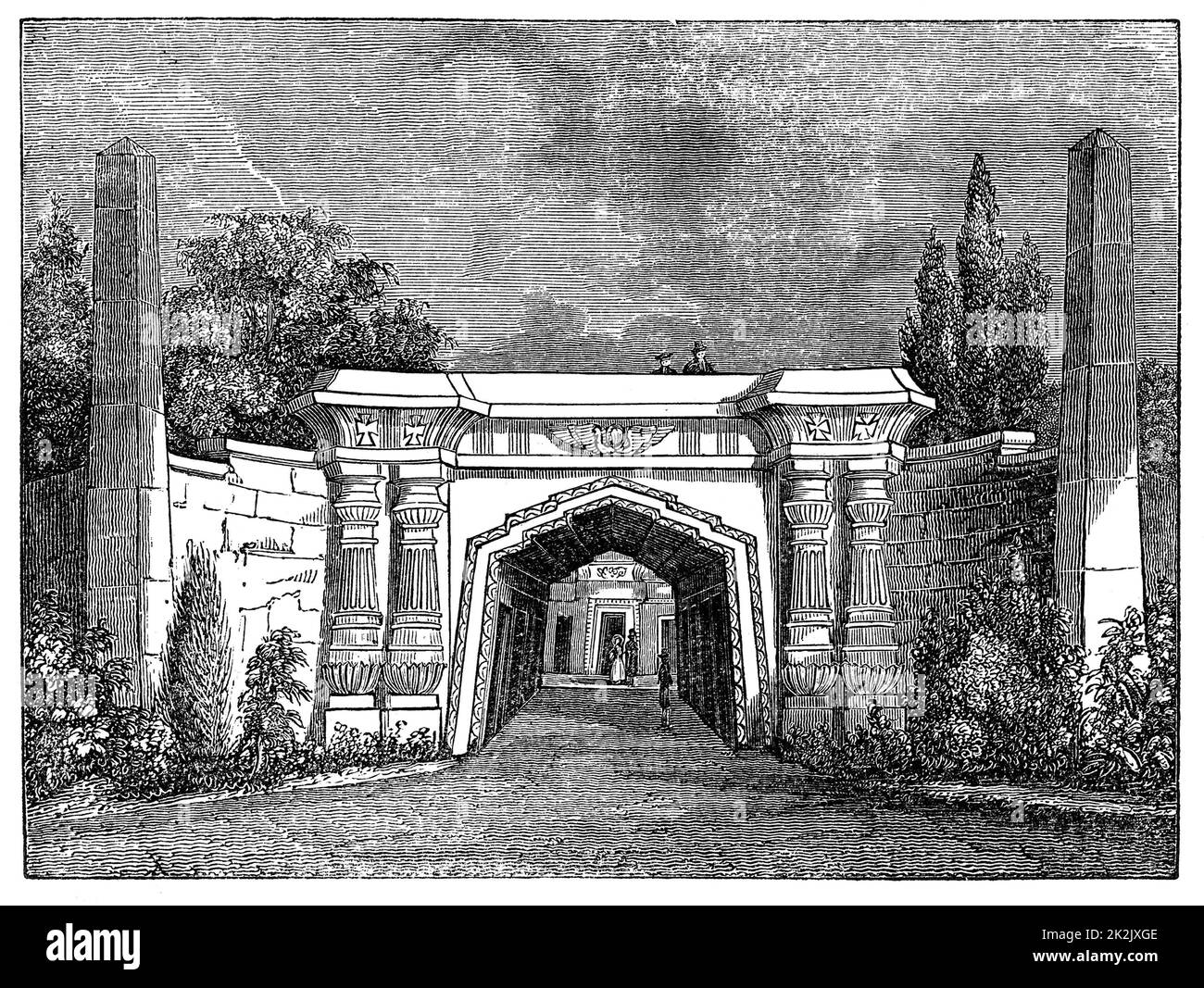 North London Cemetery, Highgate, Londres, Angleterre. L'avenue égyptienne, construite dans le style architectural à la mode à cette époque. Gravure de bois, 1838 Banque D'Images