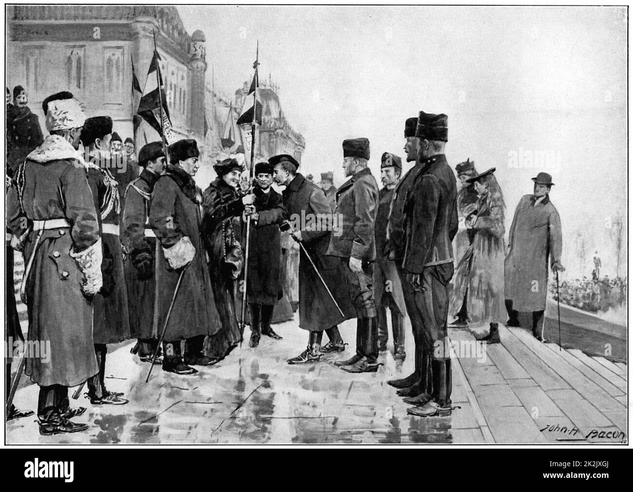 Lady Minto présentant des couleurs pour le cheval de Herchmer, au moment de quitter Ottawa pour l'Afrique du Sud, 19 janvier 1900. 2e Guerre des Boers, 1899-1902 Banque D'Images