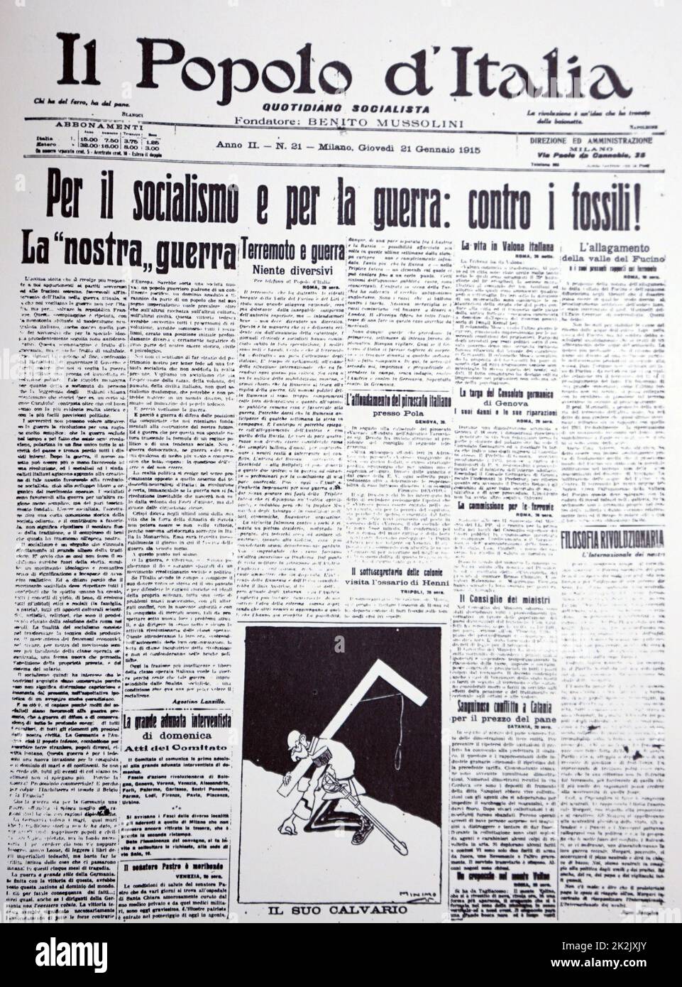 Couverture du journal italien "Il Popolo d'Italia' avec le titre 'pour le socialisme et pour la guerre contre les combustibles !'. Le journal fondé par Benito Mussolini en 1914, après sa séparation de le parti socialiste italien. En date du 20e siècle Banque D'Images