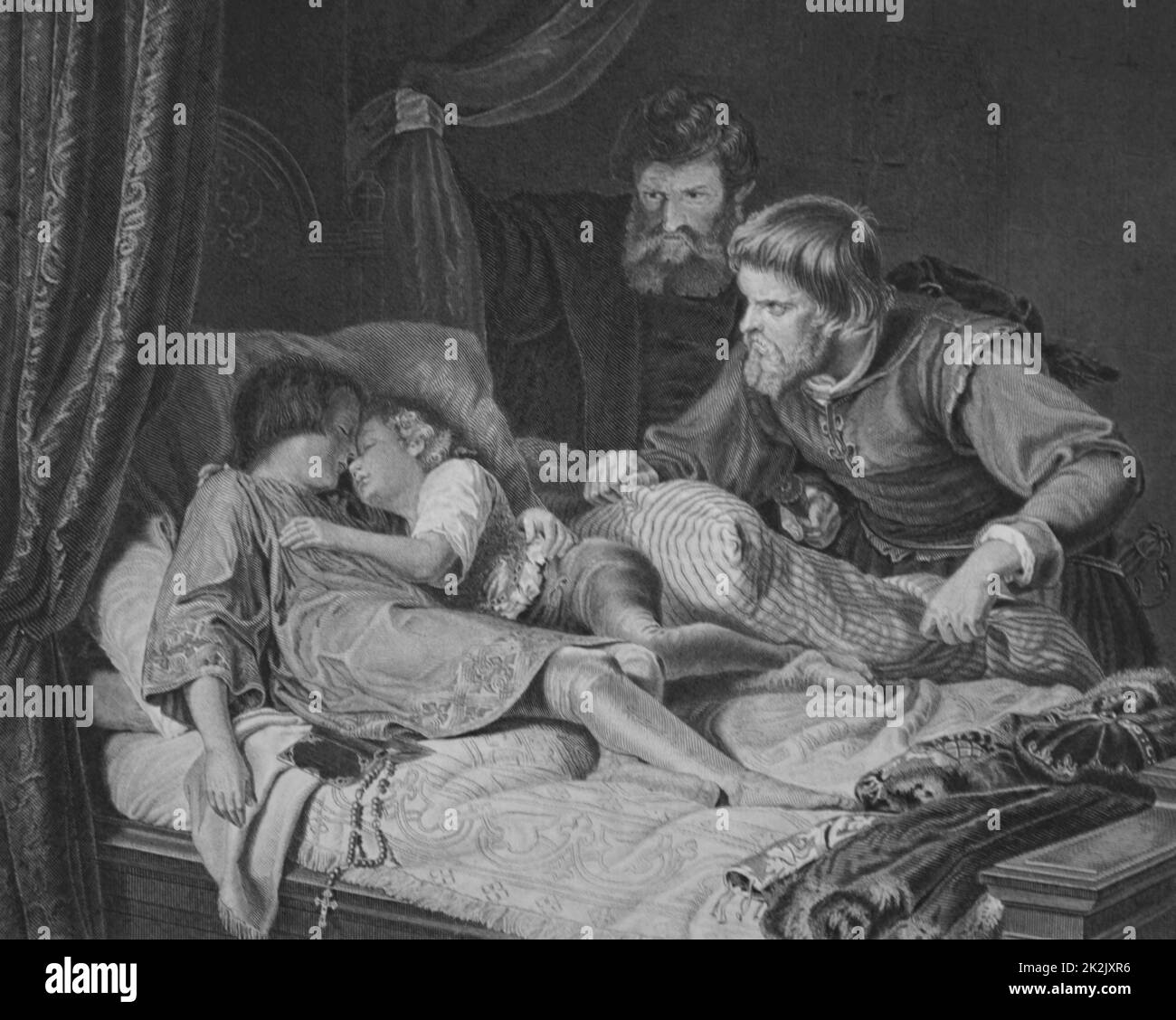 Imprimer intitulée 'L'assassinat des Princes dans la Tour" décrivant le meurtre présumé d'Édouard V d'Angleterre et Richard de Shrewsbury, duc d'York. En date du 15e siècle Banque D'Images