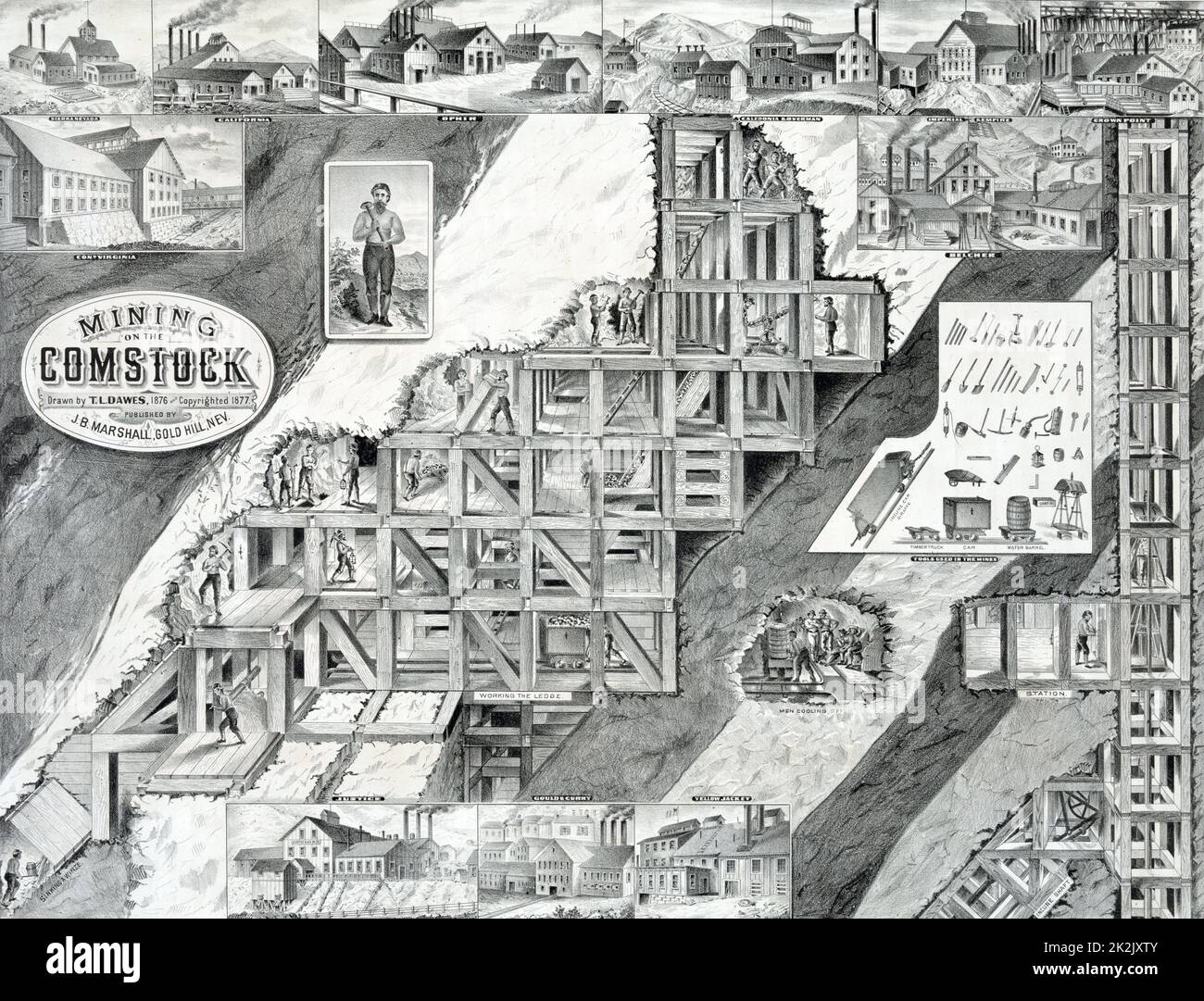 Vue en coupe d'une colline montrant des tunnels et des supports, des puits et des mineurs engagés dans diverses activités. Montre également les outils utilisés dans les mines, ainsi que des vues extérieures de plusieurs compagnies minières travaillant le Comstock Lode 1876 Banque D'Images