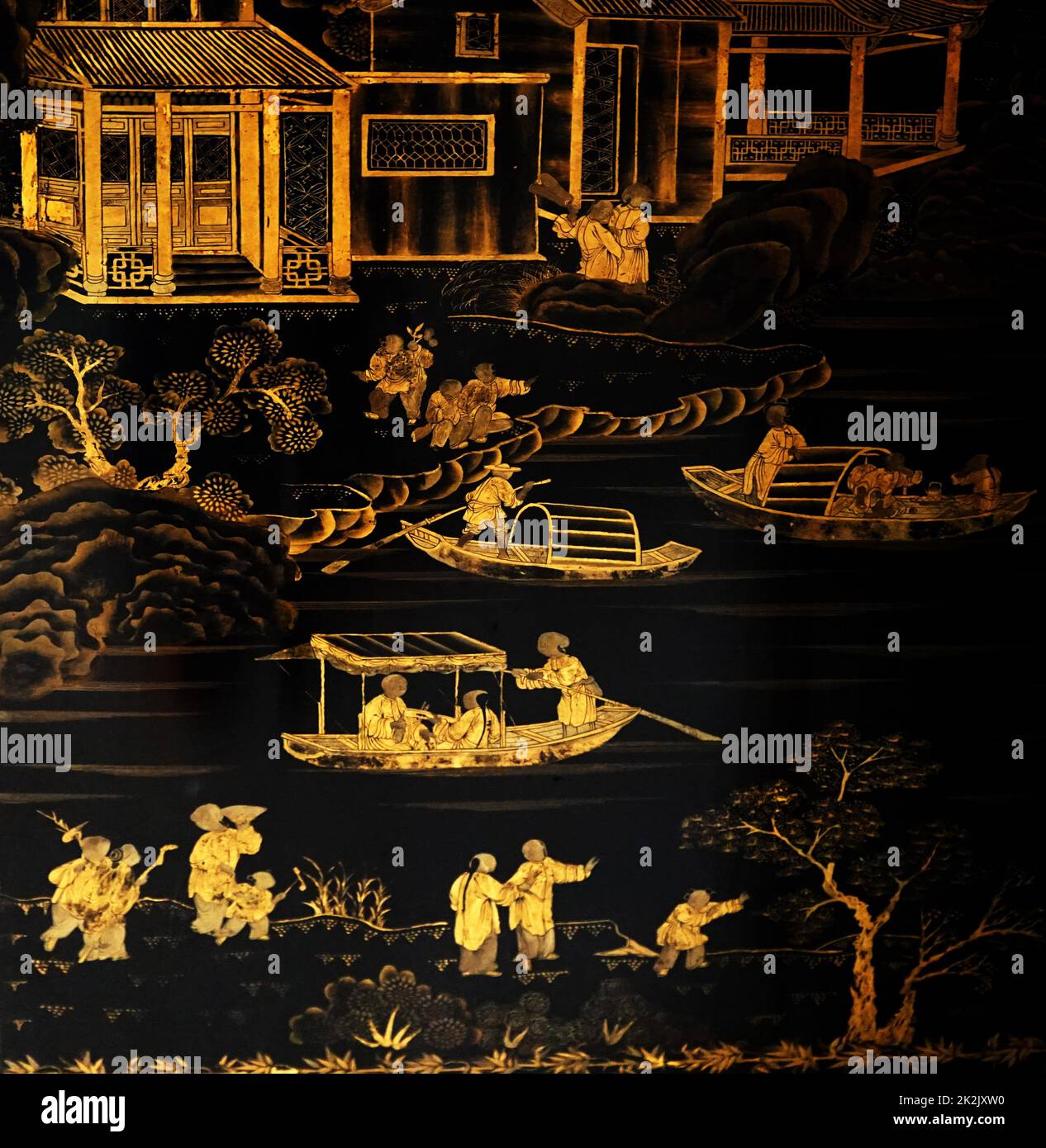 Laqué chinois noir et l'or, l'écran du 18ème siècle Banque D'Images
