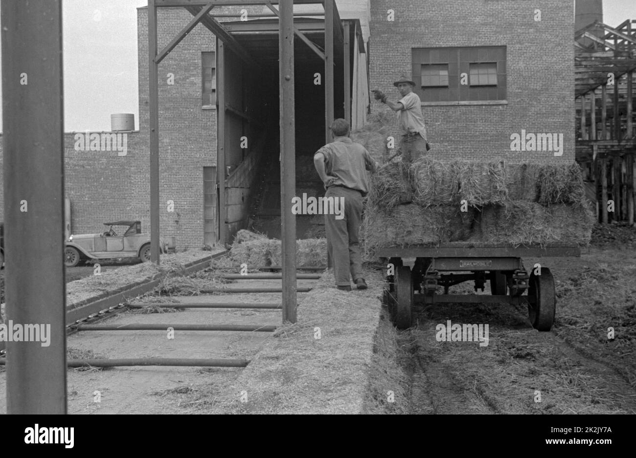 La paille en balles pour être utilisé pour la fabrication de carton paille à Container Corporation d'Amérique centrale, Circleville, Ohio. 1938 Date de l'été. Banque D'Images