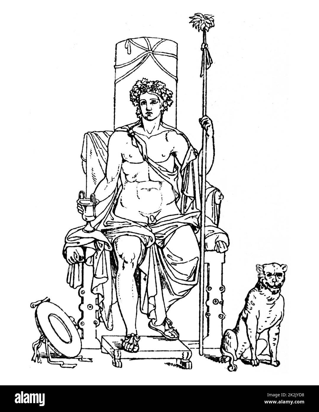Illustration d'une sculpture grecque représentant le culte de Dionysos, dieu de la vigne, vendanges, vinification, le vin, la folie, l'extase religieuse rituelle, et le théâtre. Banque D'Images