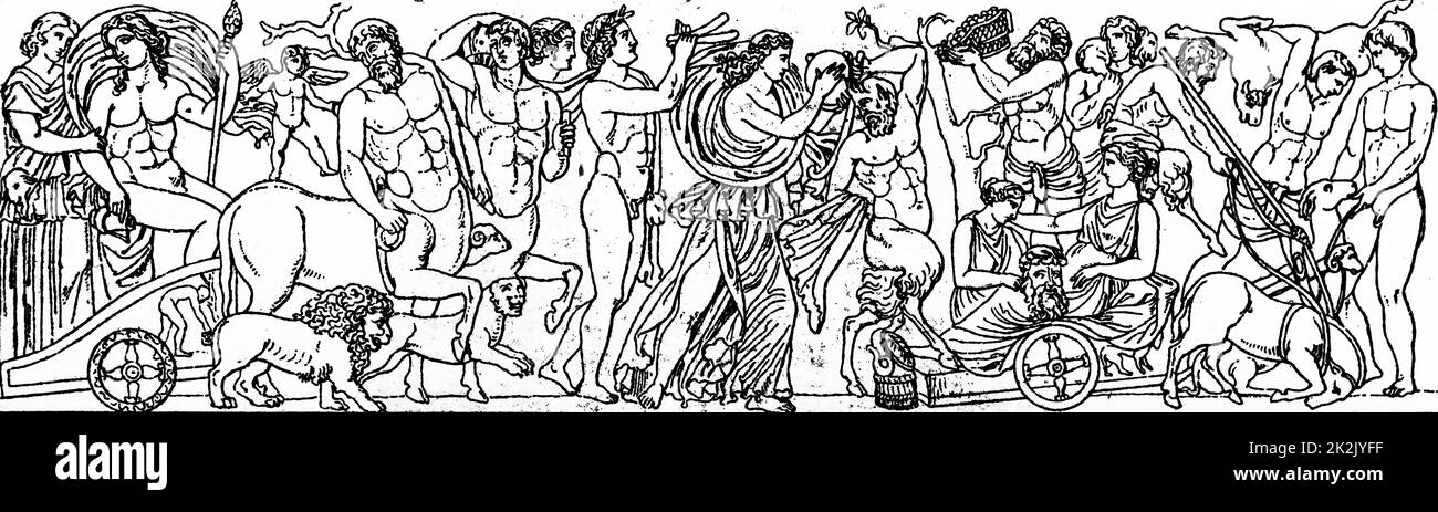 Illustration d'une sculpture grecque représentant le culte de Dionysos, dieu de la vigne, vendanges, vinification, le vin, la folie, l'extase religieuse rituelle, et le théâtre. Banque D'Images