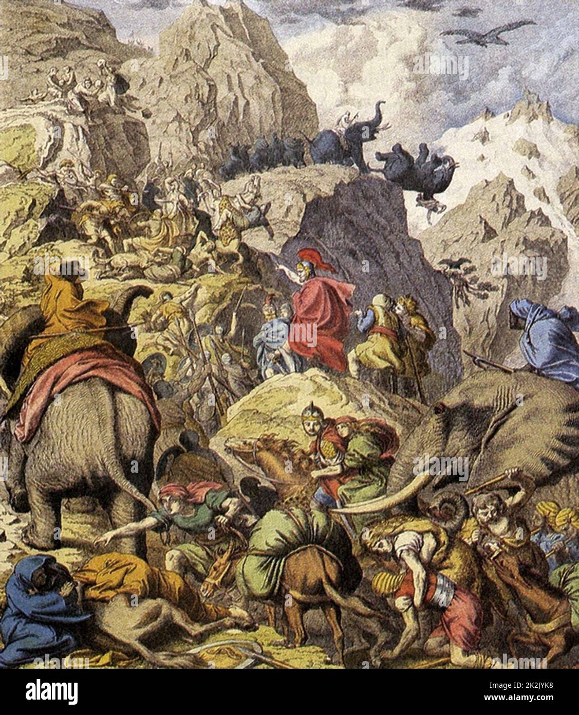 Hannibal traversant les Alpes. Hannibal, (248-183 ou 182 avant J.-C.), commandant militaire carthaginoise et tacticien qui est populairement crédité comme l'un des commandants les plus talentueux de l'histoire. Hannibal et son armée traversa les Alpes en 218 BCE en 16 jours Banque D'Images
