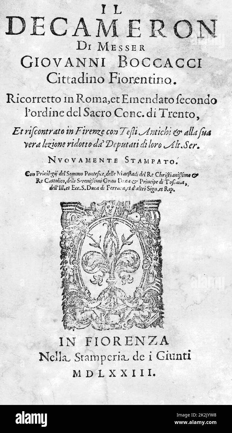 Giovanni Boccaccio, le Decameron. Version originale en italien publiée en 1573, deux siècles après la première édition a été publiée c.1350. Banque D'Images