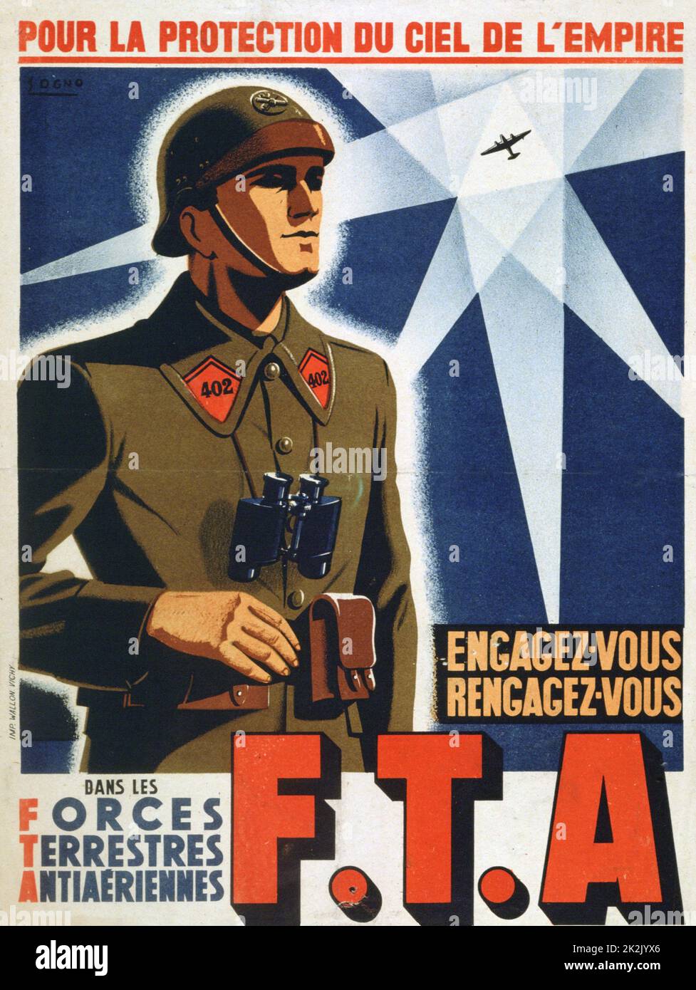Deuxième Guerre mondiale 1939-1945: Affiche de recrutement pour les Forces Terrestres Antieyriennes, régiment d'artillerie antiaérienne français. Banque D'Images