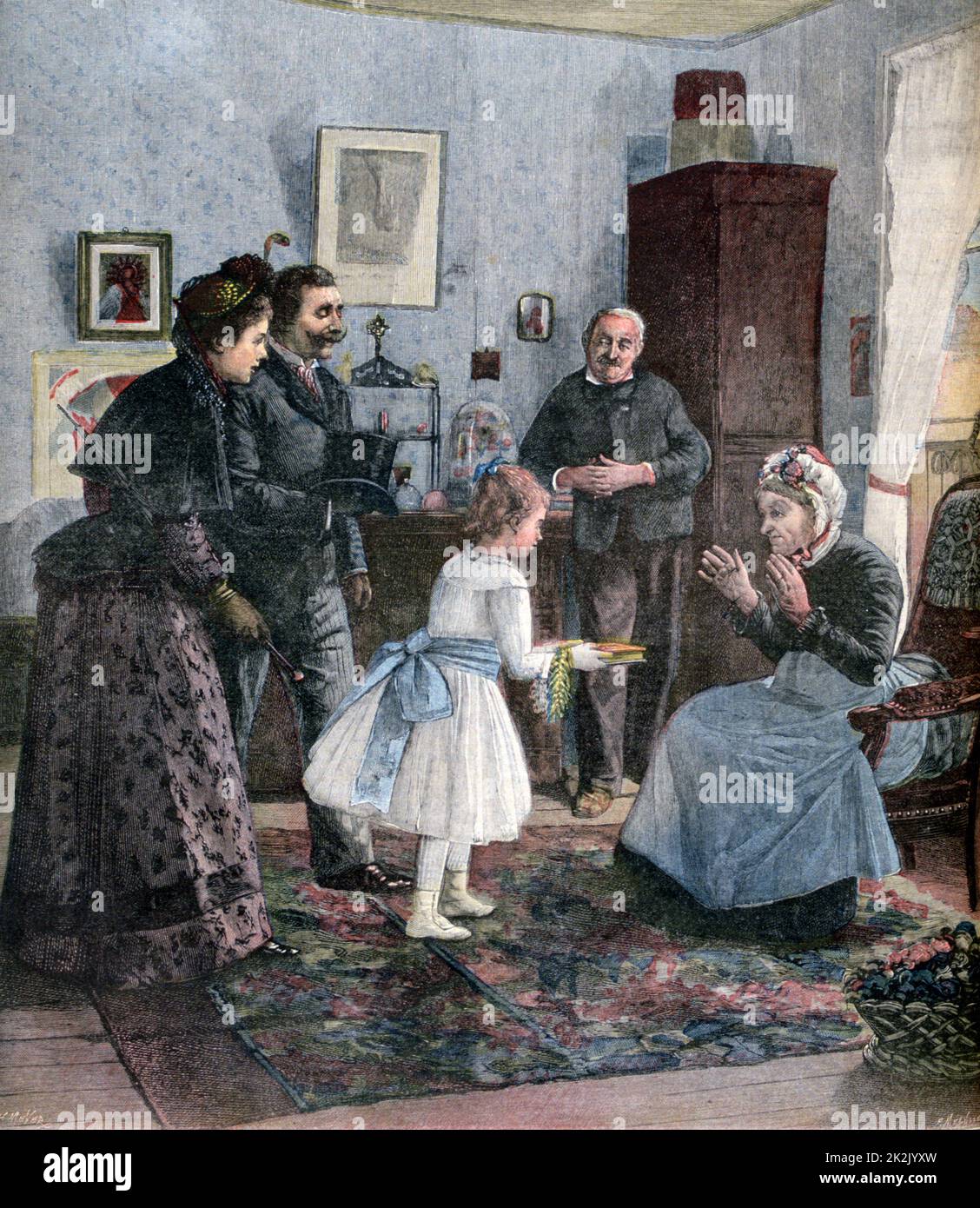 Petite fille, surveillée par de fiers parents, montrant à sa grand-mère son premier prix scolaire. Illustration d'après Henri Cain de 'le petit Journal', Paris, 21 mai 1891. Banque D'Images