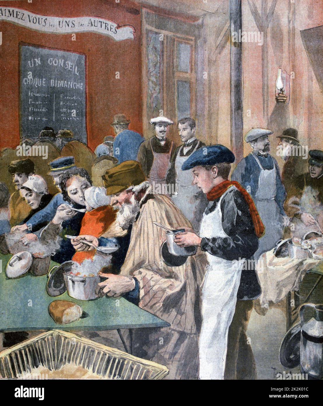 Les étudiants donnent leur temps d'agir comme serveurs dans une cuisine à soupe parisienne. Du « petit Journal », Paris, 5 février 1894. Banque D'Images