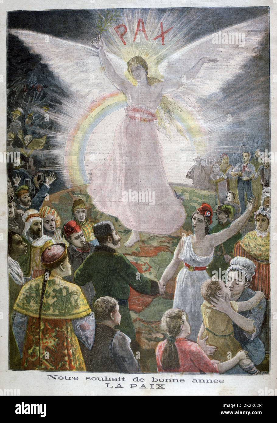 Illustration allégorique de la paix regarder la France qui souhaitent les peuples du monde une bonne nouvelle année. À partir de 'Le Petit Journal', Paris, 1 janvier 1894. Banque D'Images