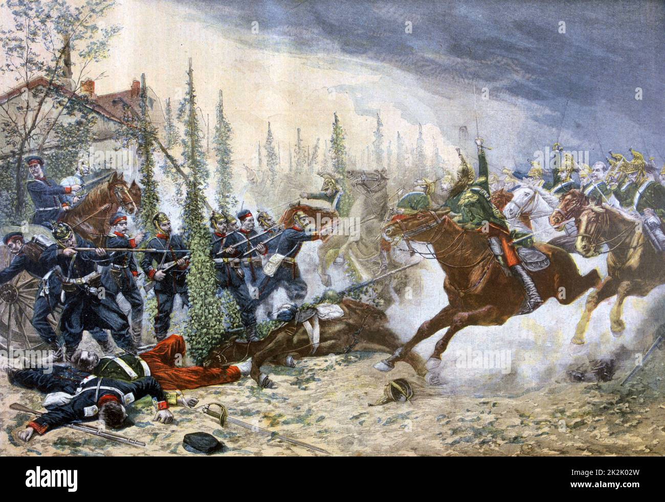 Guerre franco-prussienne 1870-1871, bataille de Gravelotte, 18 août 1870 : cavalerie légère prussienne chargeant un canon de campagne français. Prussiens victorieux. De 'le petit Journal', Paris, 7 mai 1894. Banque D'Images