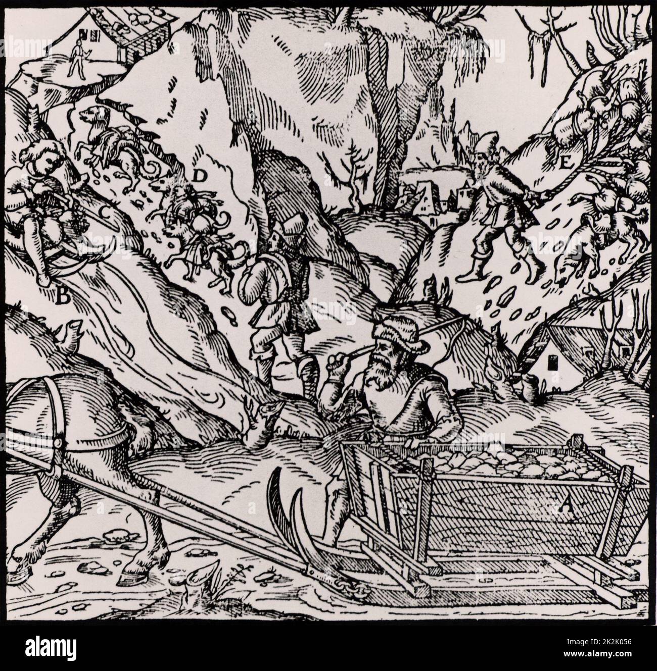 Moyens de transport du minerai qui a été gagné d'une mine. Dans l'avant-plan, un traîneau tiré par des chevaux, à d les chiens sont utilisés comme animaux de bât et à l'E un homme est en pleine peaux de porc. À B un traîneau est monté en bas d'une pente. 'De De re metallica', par Agricola, pseudonyme de Georg Bauer (Bâle, 1556). Gravure sur bois. Banque D'Images