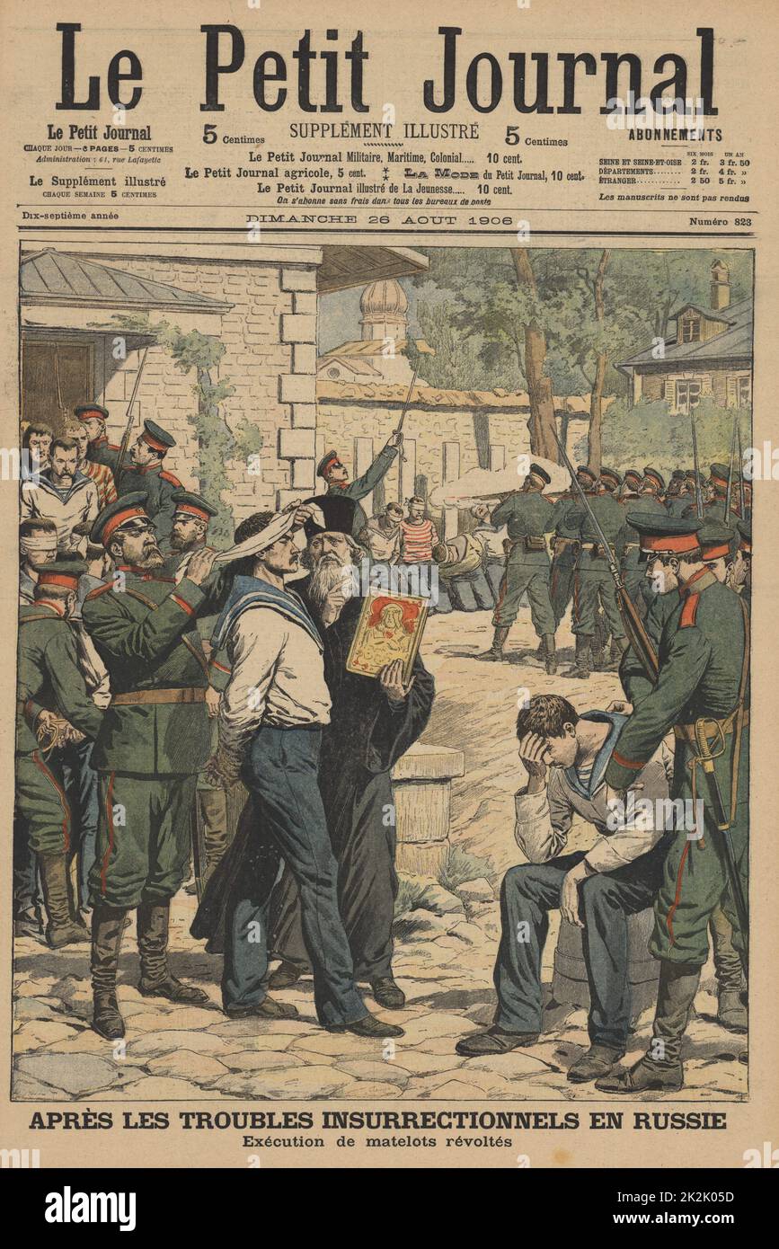 Des perturbations de la Russie, 1906 : l'exécution par fusillade de muntinous de marins de Sveaborg (Suomenlina). À partir de 'Le Petit Journal', Paris, le 26 août 1906. Banque D'Images