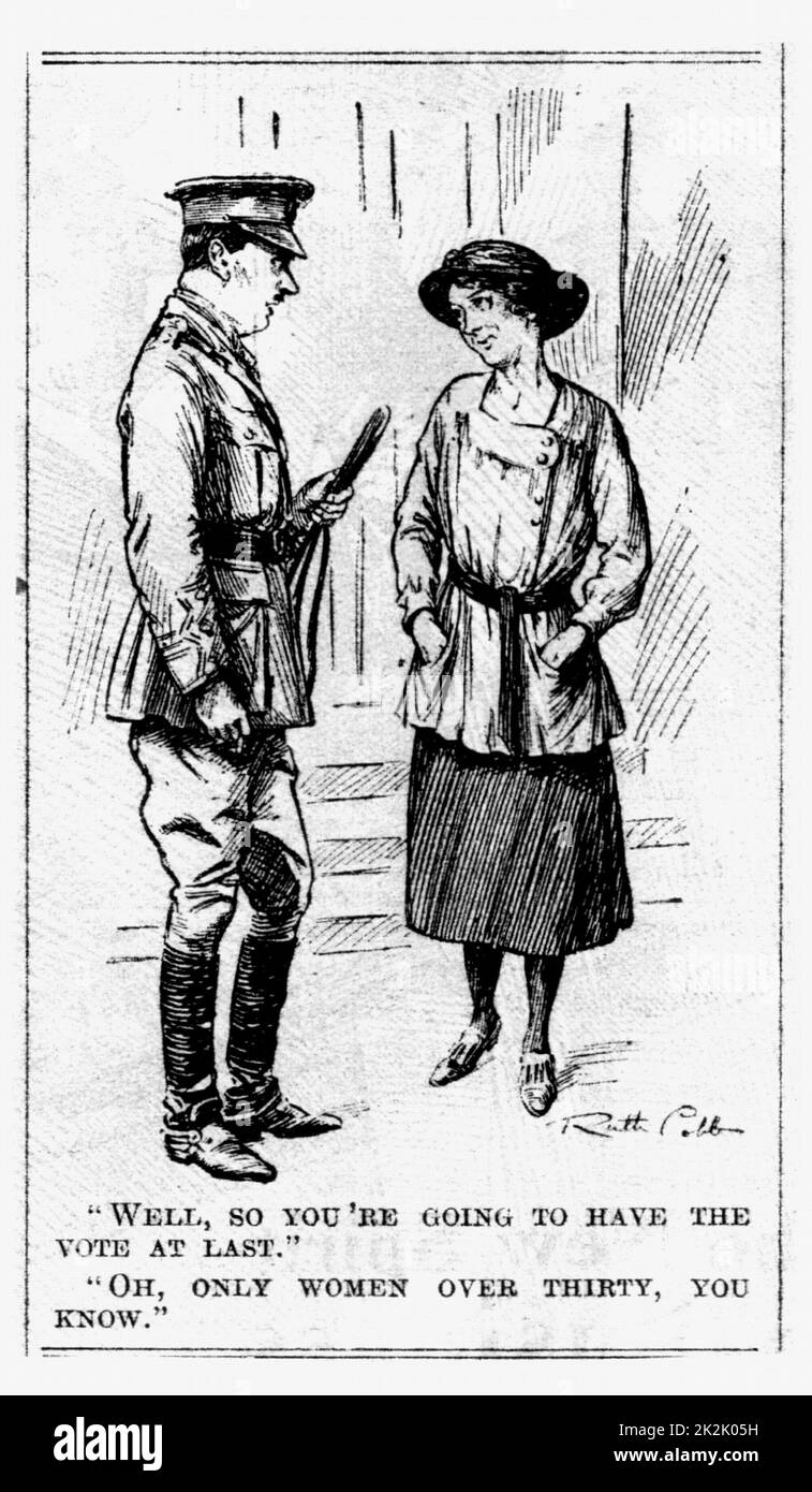 Le vote des femmes - la première étape. 1918 en vertu de la Loi sur la représentation du peuple, les femmes britanniques ont eu la voix. Cependant, il n'était pas pour toutes les femmes, seuls les plus de 30 qui possèdent des biens. Caricature de 'Punch', Londres, 11 avril 1917. Banque D'Images