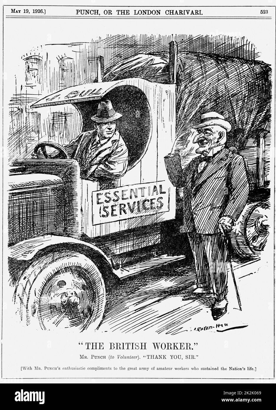 Grève générale en Grande-Bretagne, 1926. Mr Punch remerciant les membres du public britannique qui a exécuté les services essentiels pendant la grève. Caricature de Leonard Raven-Hill de 'Punch, 19 mai 1916. Banque D'Images