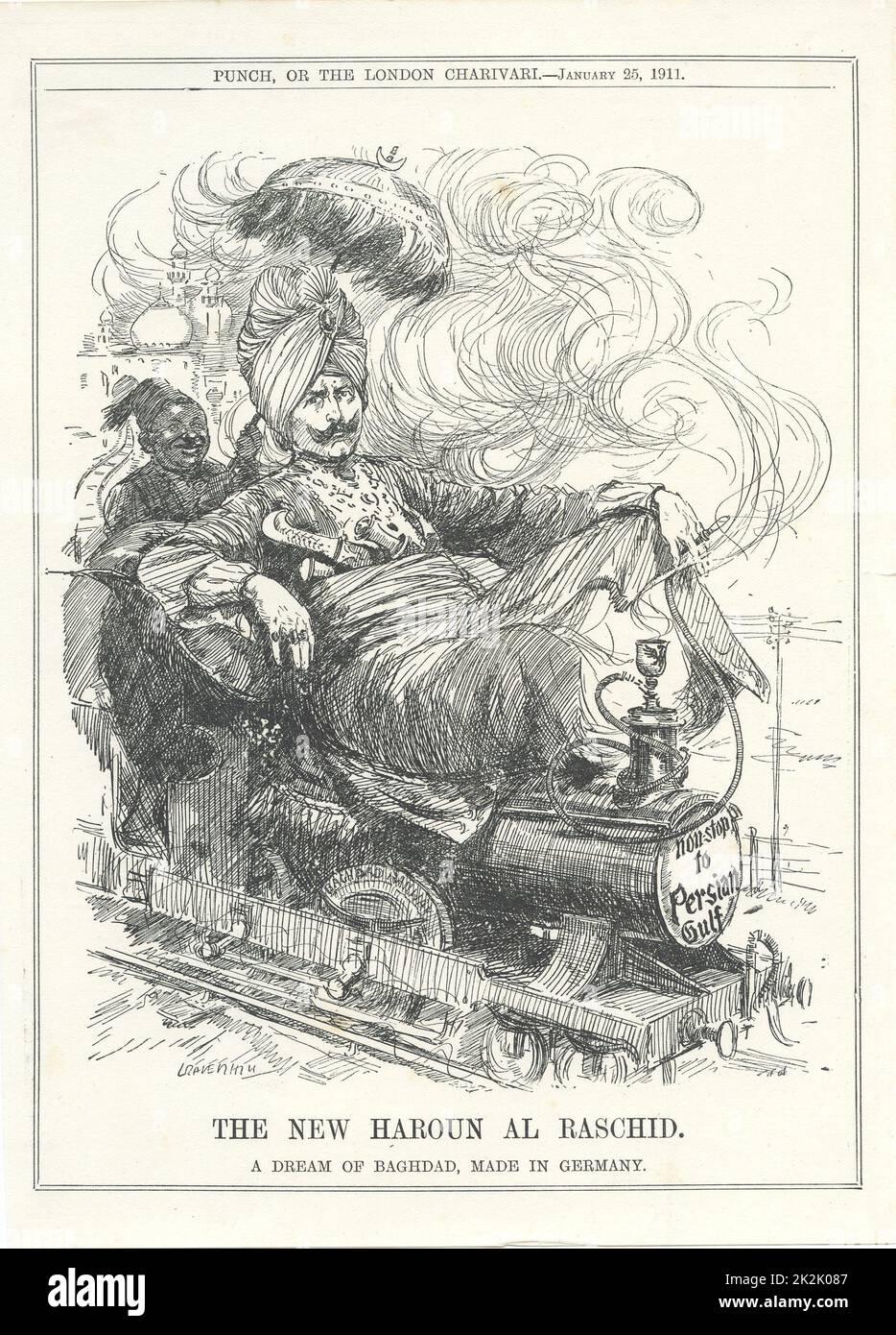 Guillaume II, Empereur d'Allemagne, rêvant d'une liaison ferroviaire allemand à Bagdad et de l'huile. Caricature de Leonard Raven-Hill de 'Punch', Londres, 25 janvier 1911. Banque D'Images