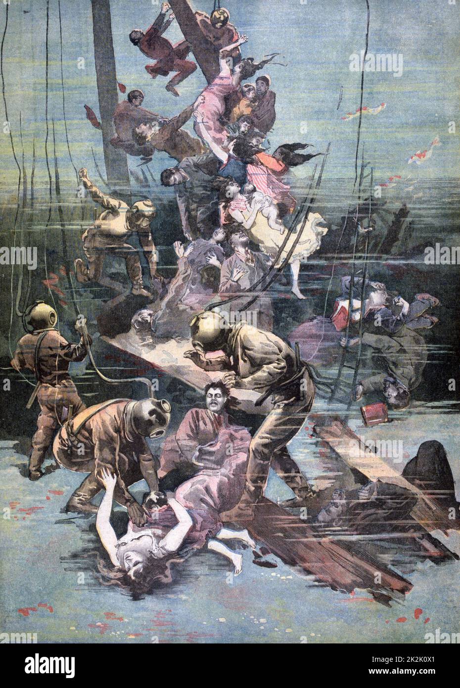 Plongeurs récupérant des corps de l'épave du navire marchand japonais 'Cabo-Machico' dans le port de Santander, Espagne. Du « petit Journal », Paris, 25 novembre 1893. Banque D'Images