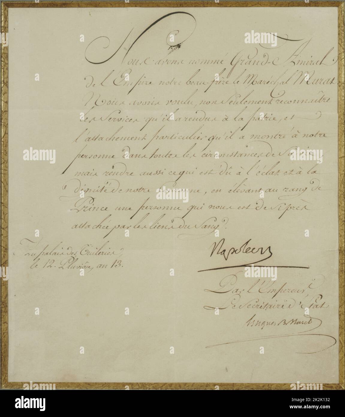 Murat nommé Prince et Grand amiral de l'Empire, signé par Napoléon Ploviôse 12th, année VIII Banque D'Images