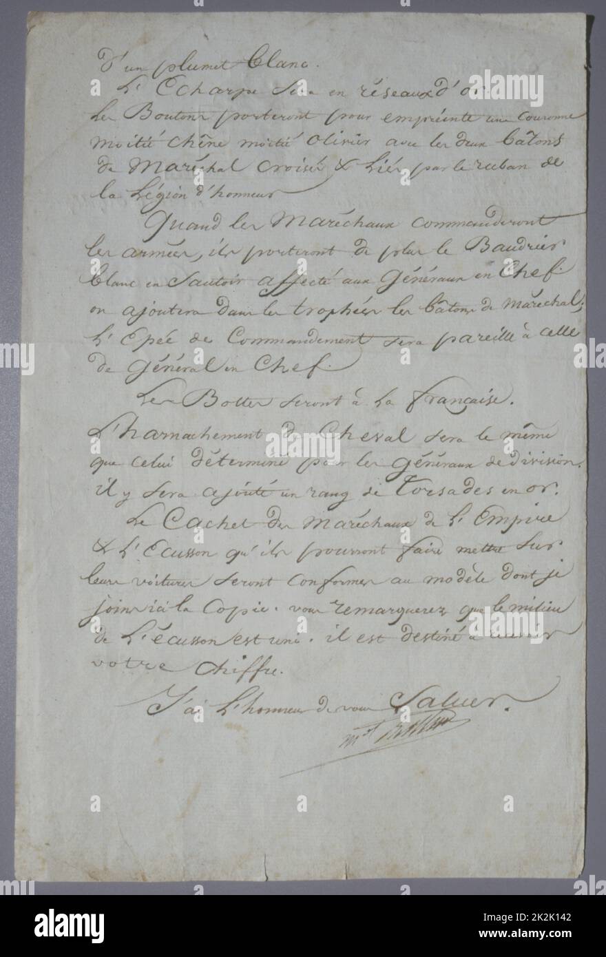 Lettre d'Alexandre Berthier au Maréchal Kellermann : Description de la robe du Maréchal de l'Empire (Fructidor 26, année XII) 2 pages en folio : retour Banque D'Images