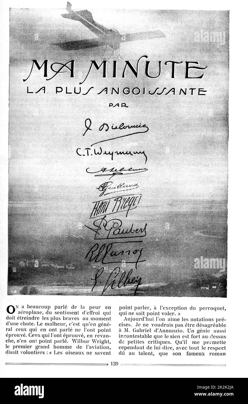 Comptes de première main de huit aviateurs célèbres dans le magazine 'Je sais toutt' : Weyman, Leblanc, Gaubert, Brégi, Guillaux, Garros, Gilbert. Collection privée 15 août 1913 France Banque D'Images