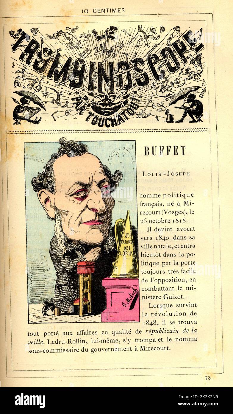 Caricature de Louis-Joseph buffet (1818-1898), dans : 'le trombinoscope' de Touchatout, dessin de Moloch. Collection privée Century France 19th Banque D'Images