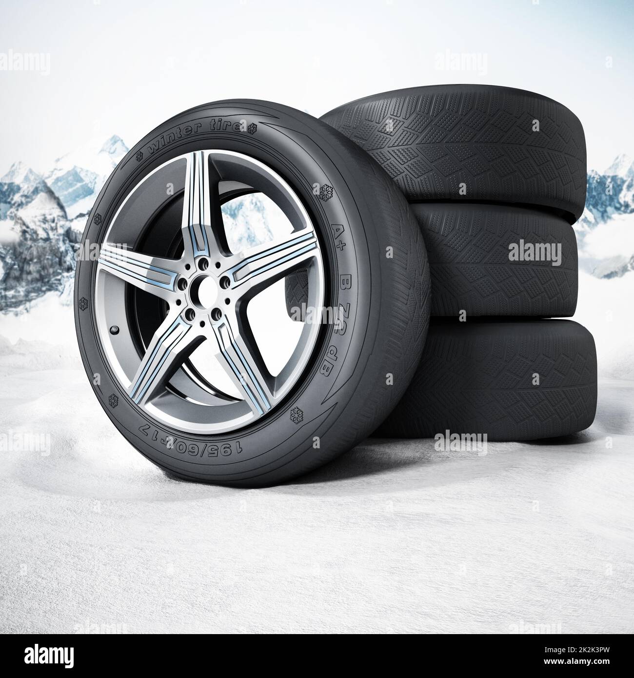 Pneus d'hiver sur la neige. 3D illustration Banque D'Images
