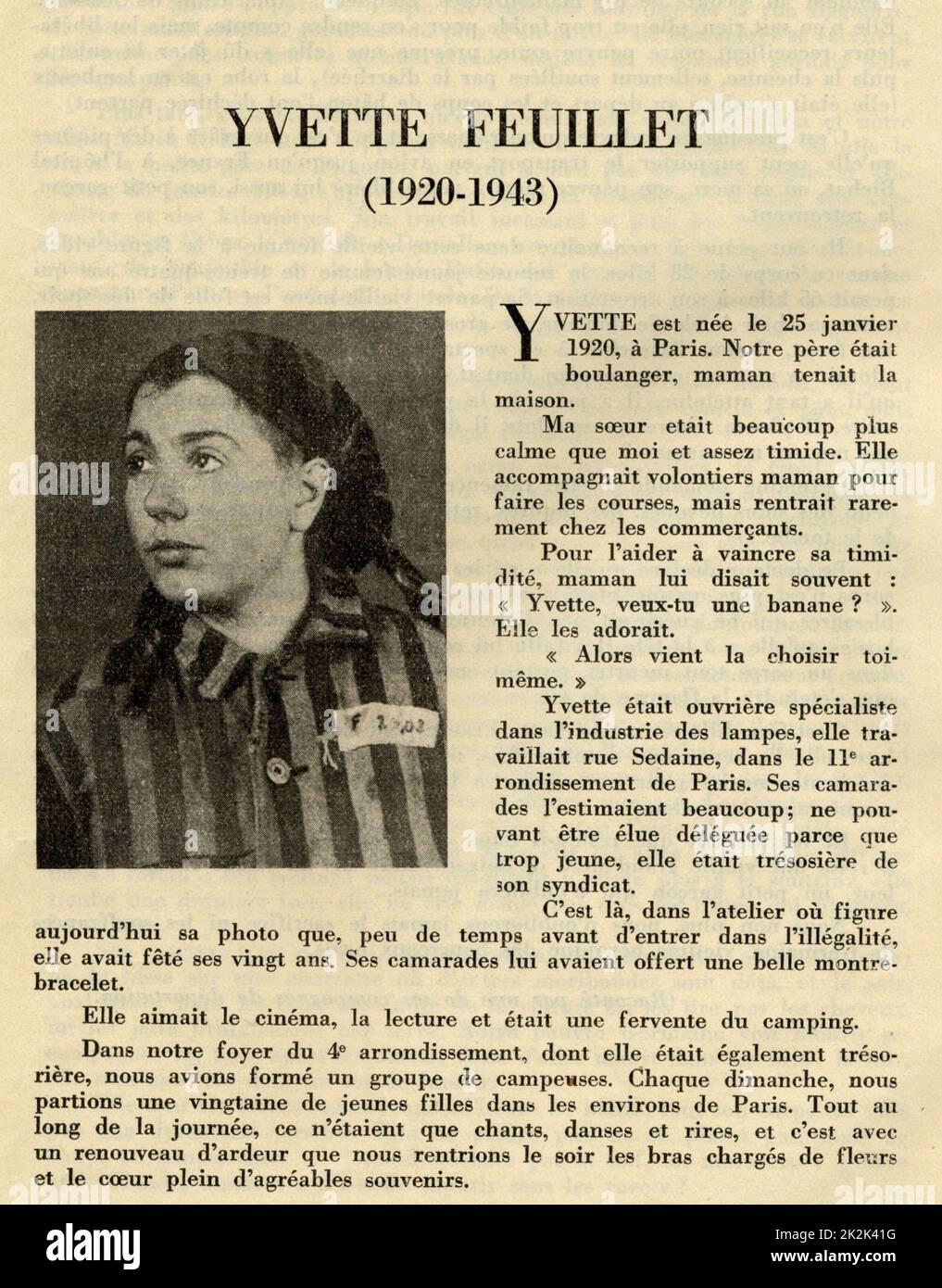 Registre de l'Union des femmes françaises dédiée aux femmes héroïques qui sont mortes pour la France: Portrait d'Yvette Feuillet (1920-1943), qui est décédée au camp de concentration d'Auschwitz. 1950 France Collection Charles Grodzenski Banque D'Images