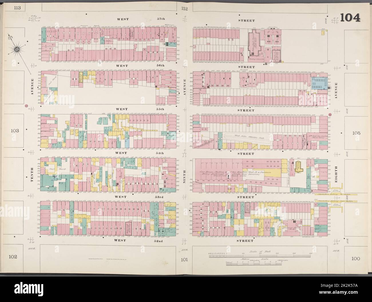 Cartographie, cartes. 1892. Lionel Pincus et Princess Firyal Map Division. Assurance-incendie , New York (État), immobilier , New York (État), Villes et villages , New York (État) Manhattan, V. 6, Double page plaque no 104 carte délimitée par W. 57th St., 8th Ave., W. 52nd St., 10th Ave Banque D'Images
