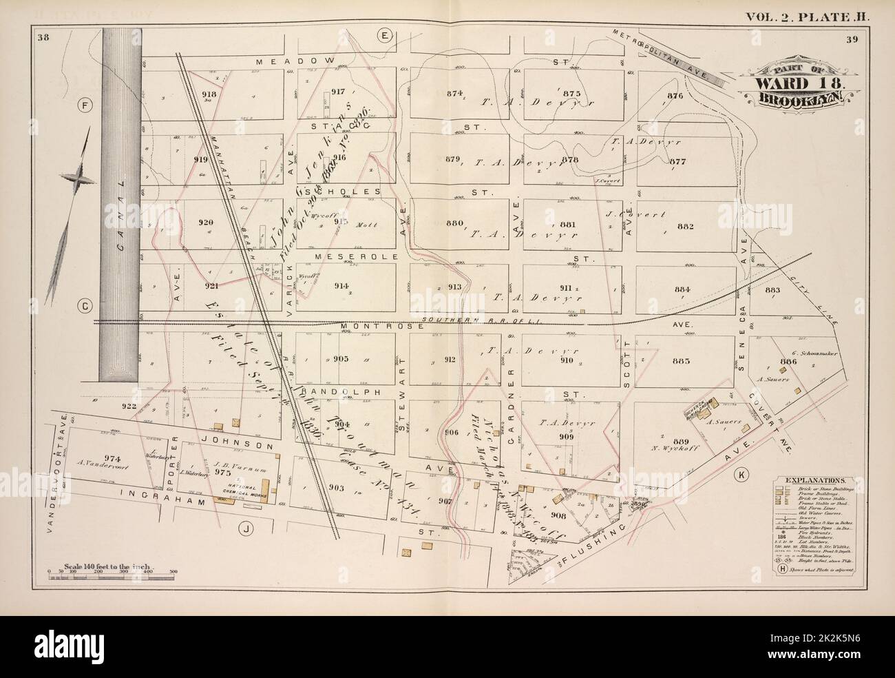 Cartographie, cartes. 1880. Lionel Pincus et Princess Firyal Map Division. Brooklyn (New York, N.Y.), immeubles , New York (État) , New York vol. 2. Plate, H. carte reliée à Meadow St., Metropolitan Ave., City Line, Flushing Ave., Ingraham St., Avenue Vandervoort, Canal; y compris la rue Stagg, la rue Scholes, la rue Meserole, Avenue Montrose, rue Randolph, avenue Johnson, avenue porter, avenue Varick, Stewart Ave., Gardner Ave., Scott Ave., Seneca Ave., Covert Ave Banque D'Images