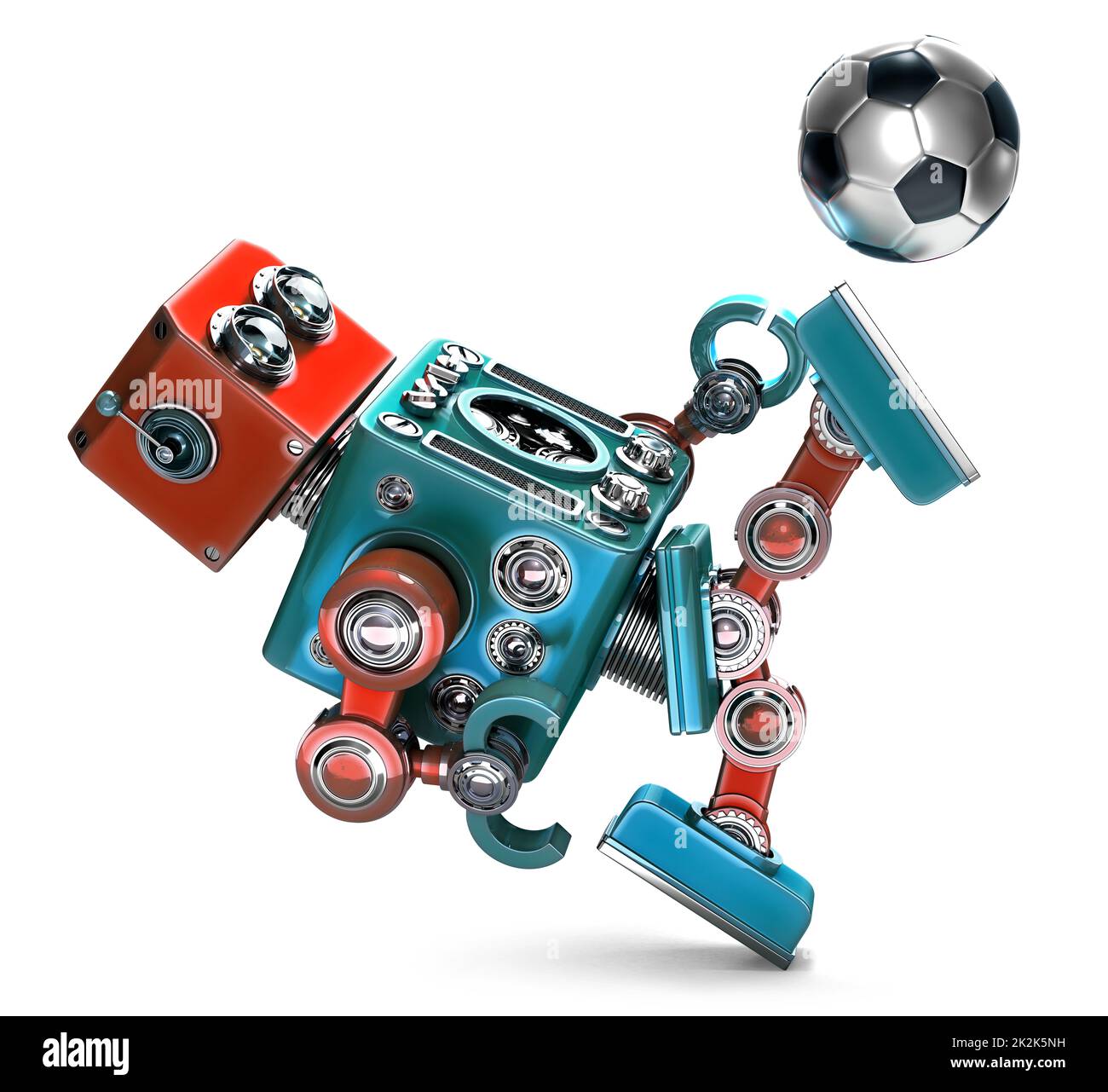 Robot rétro 3D jouer au soccer. Isolées. Contient clipping path Banque D'Images
