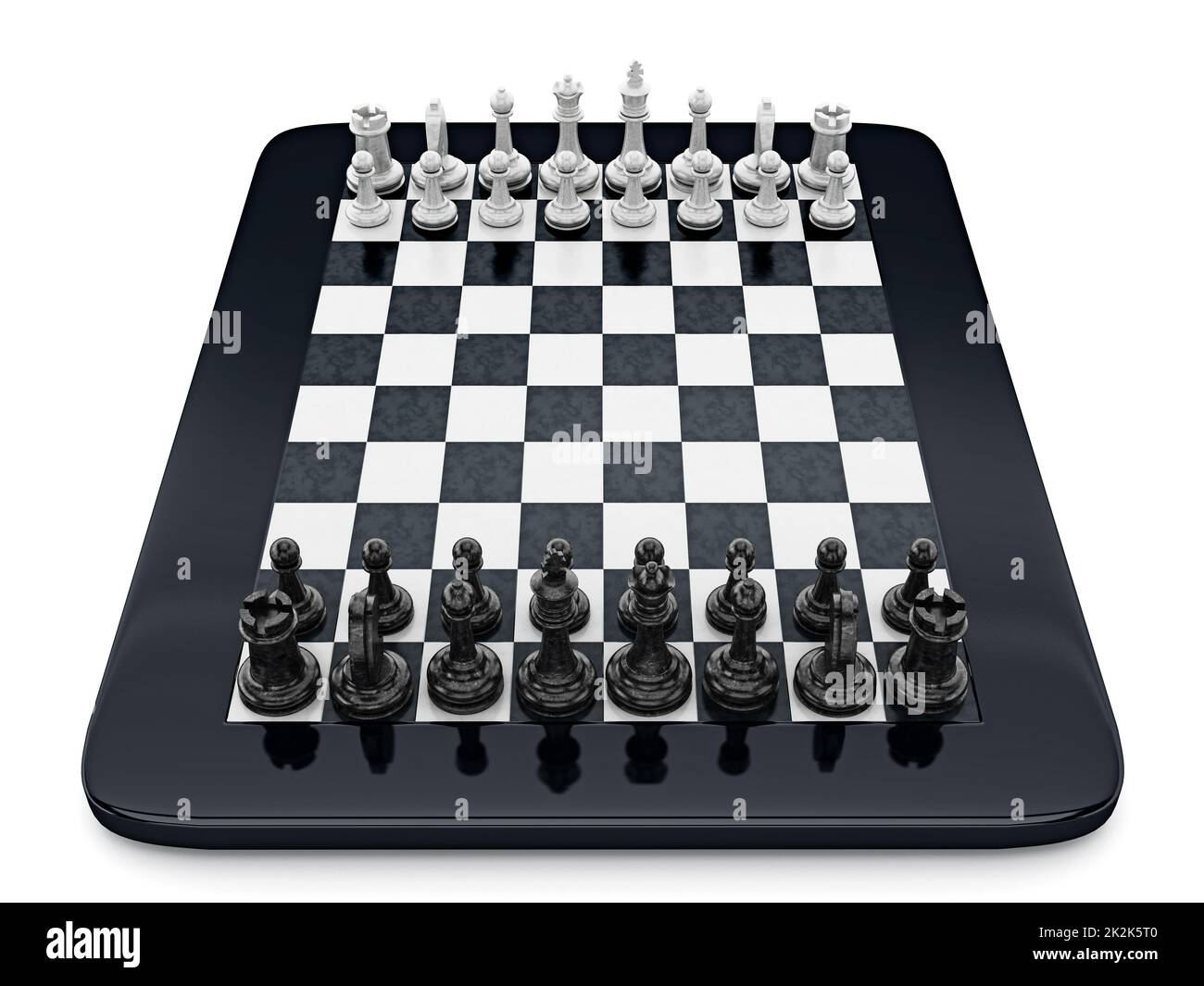Pièces d'échecs noir et blanc sur un ordinateur tablette. 3D illustration Banque D'Images