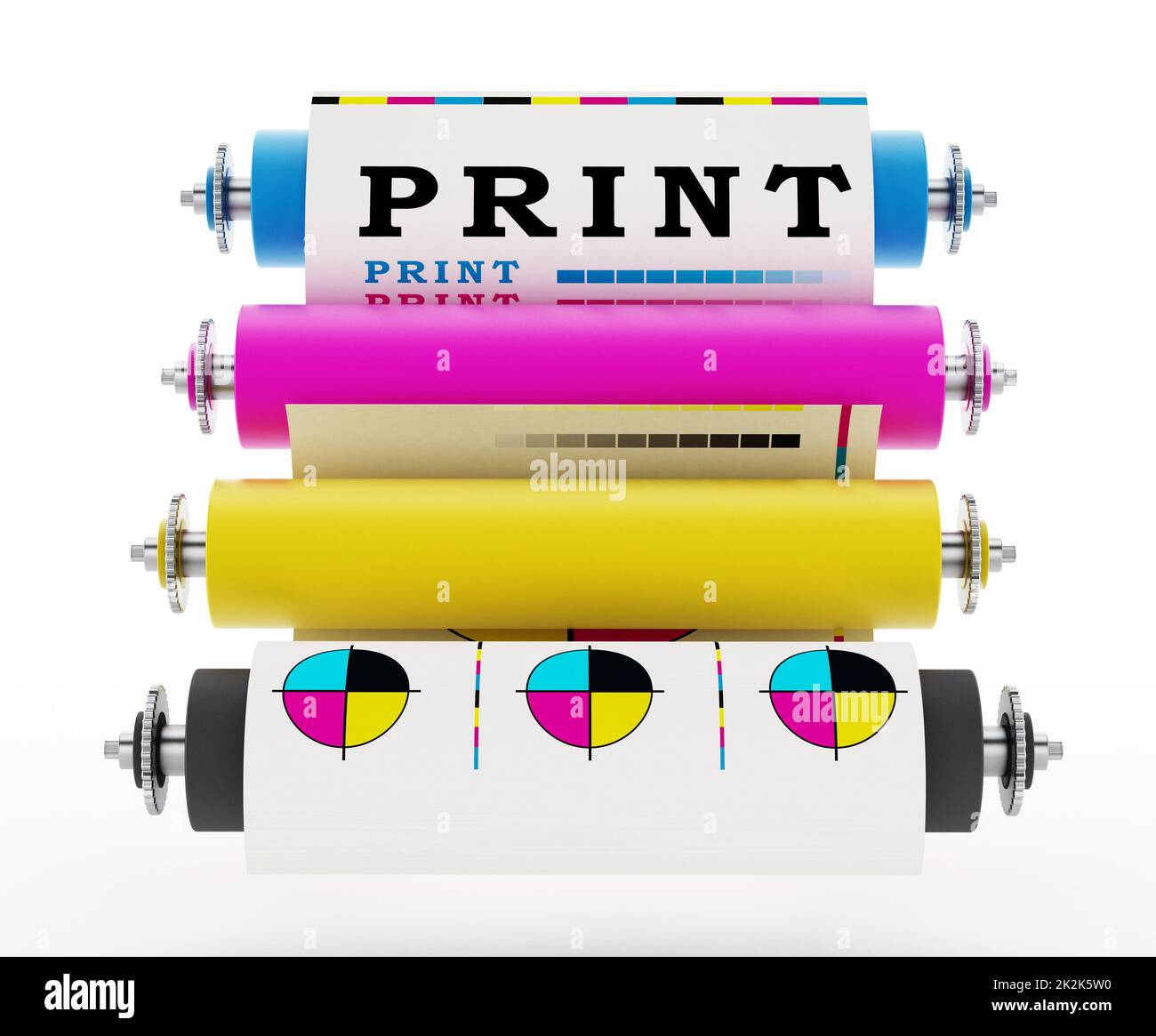 Presse d'impression CMYK avec impression test. 3D illustration Banque D'Images